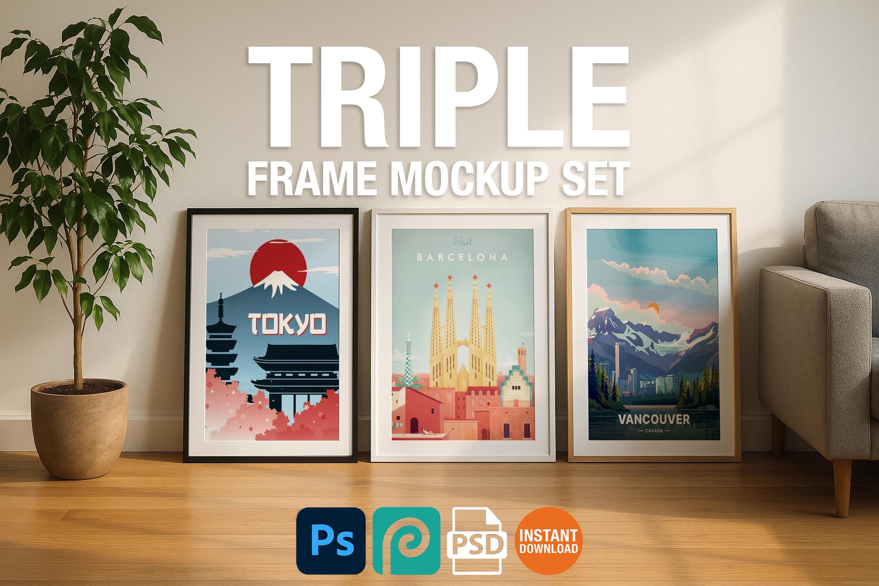 Triple Vertical Frame Mockup PSD Set – Wall Art Smart Object Template