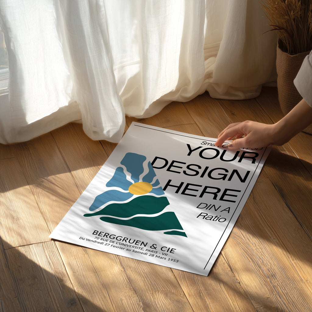 Flat Lay Poster Mockup PSD with Person DIN A Ratio Smart Object Template