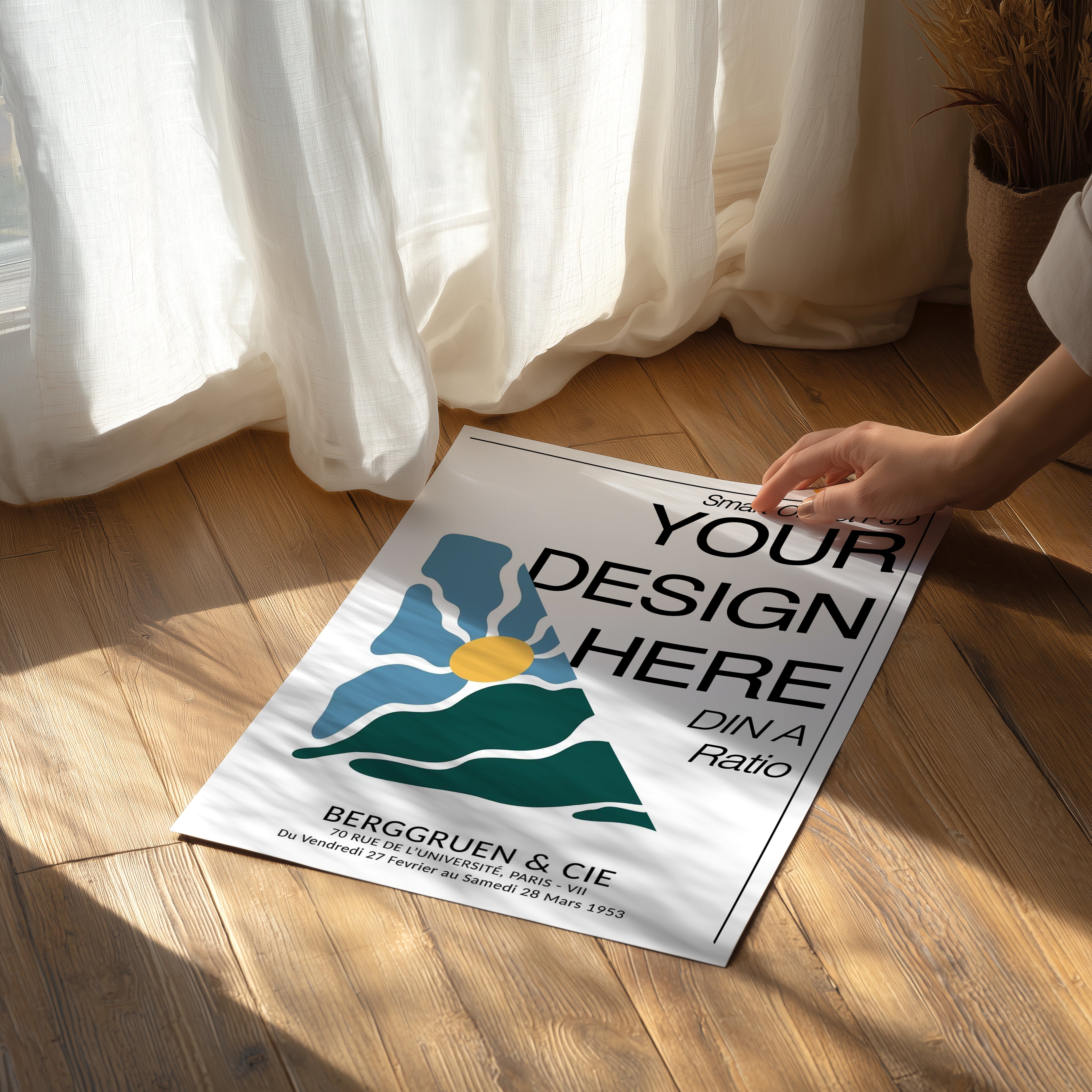 Flat Lay Poster Mockup PSD with Person DIN A Ratio Smart Object Template