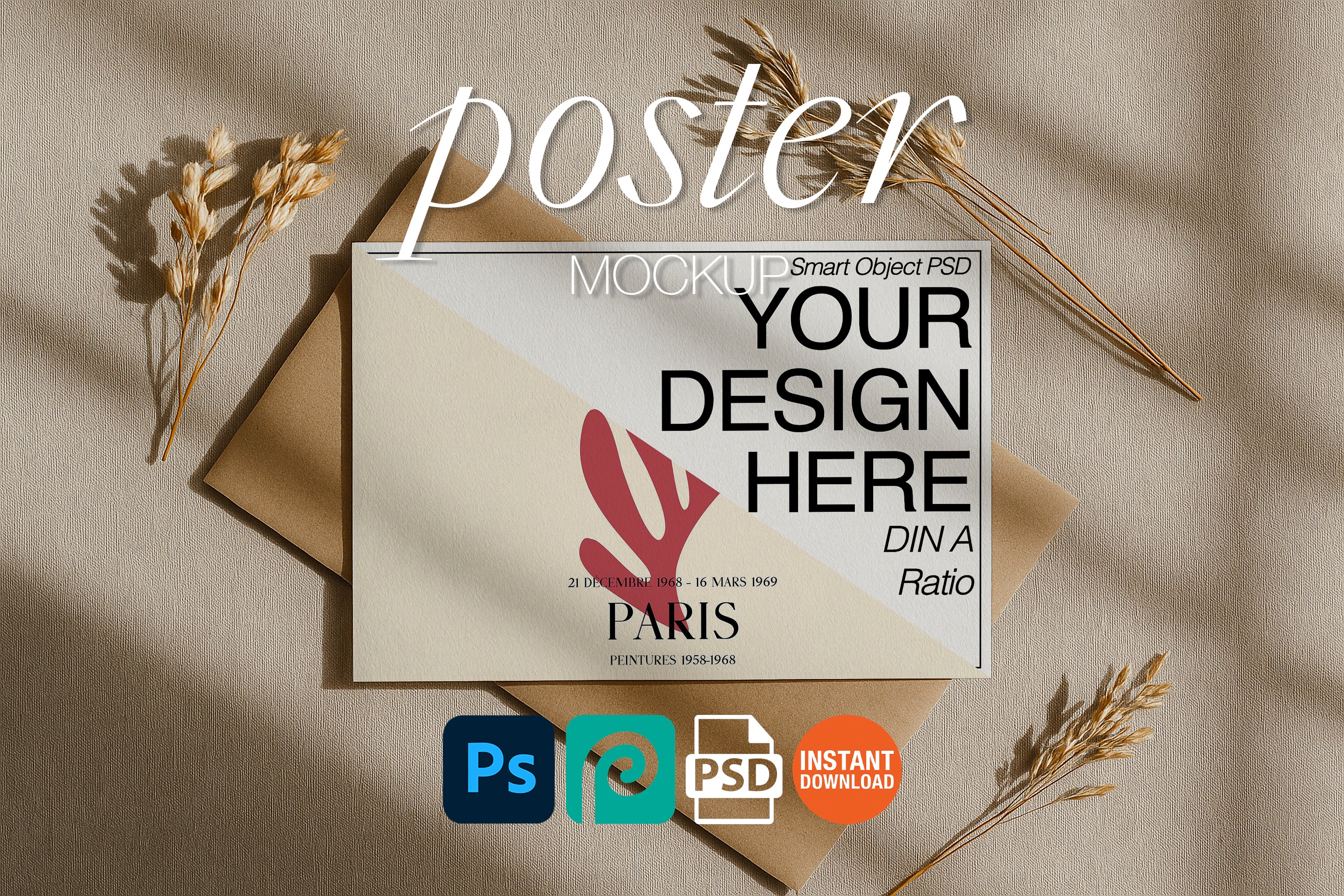 Elegant Horizontal Poster Mockup PSD Flat Lay Boho Style Scene DIN A Ratio