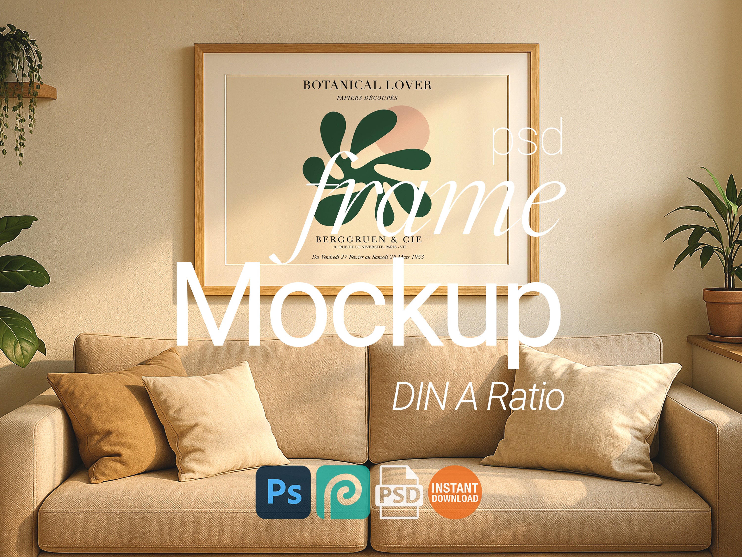 Horizontal Wooden Frame Mockup Boho Wall Art Digital Print PSD