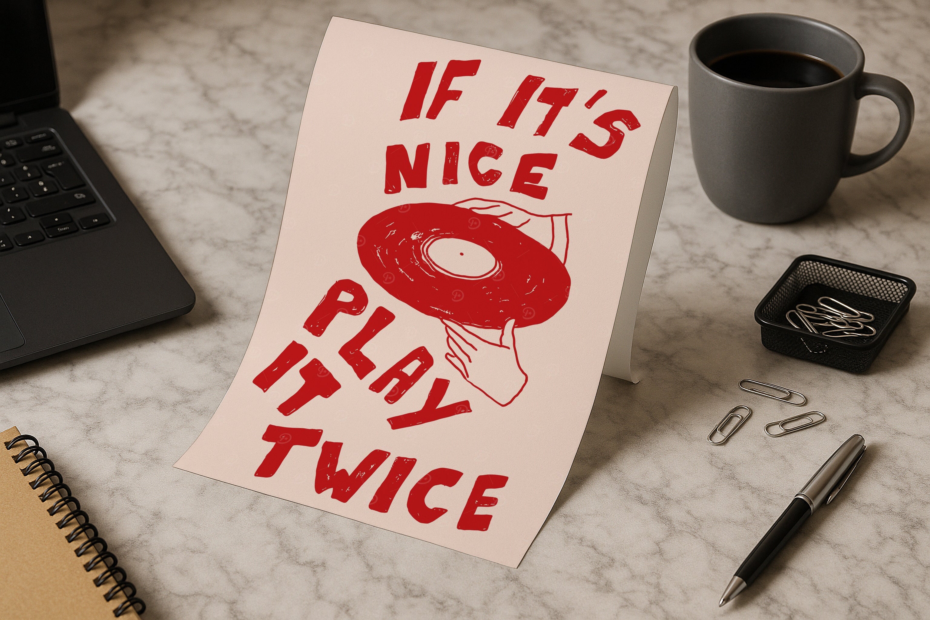 A4 poster mockup on marble desk with laptop, coffee and stationery, PSD smart object template for artwork, typography, graphic design and Etsy prints.