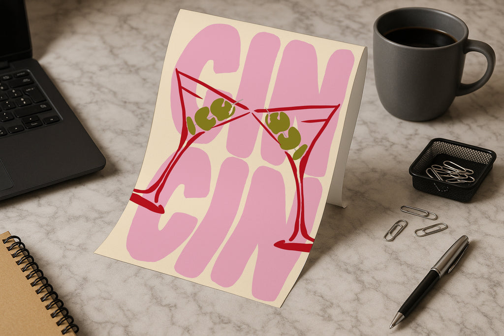A4 poster mockup on marble desk with laptop, coffee and stationery, PSD smart object template for artwork, typography, graphic design and Etsy prints.