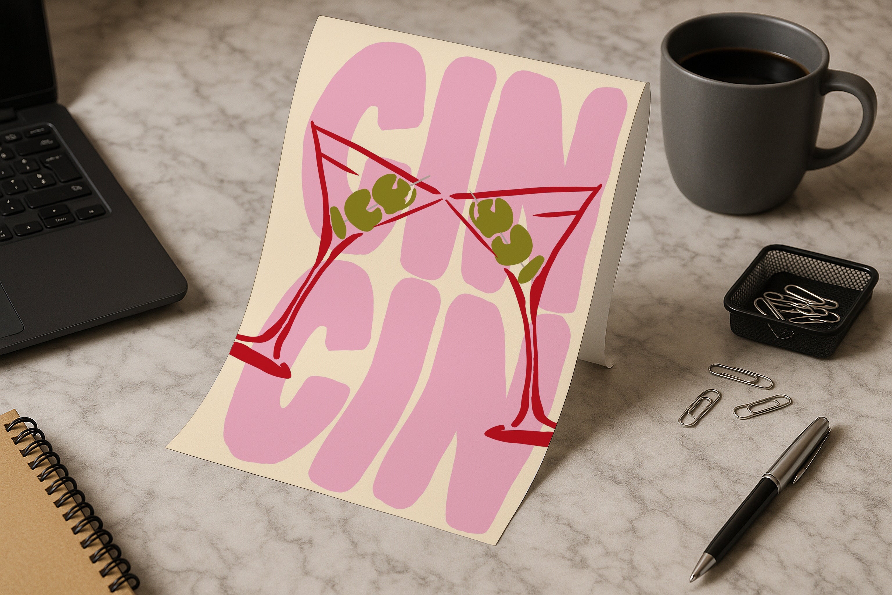 A4 poster mockup on marble desk with laptop, coffee and stationery, PSD smart object template for artwork, typography, graphic design and Etsy prints.