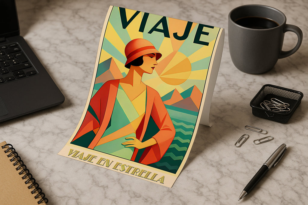 A4 poster mockup on marble desk with laptop, coffee and stationery, PSD smart object template for artwork, typography, graphic design and Etsy prints.
