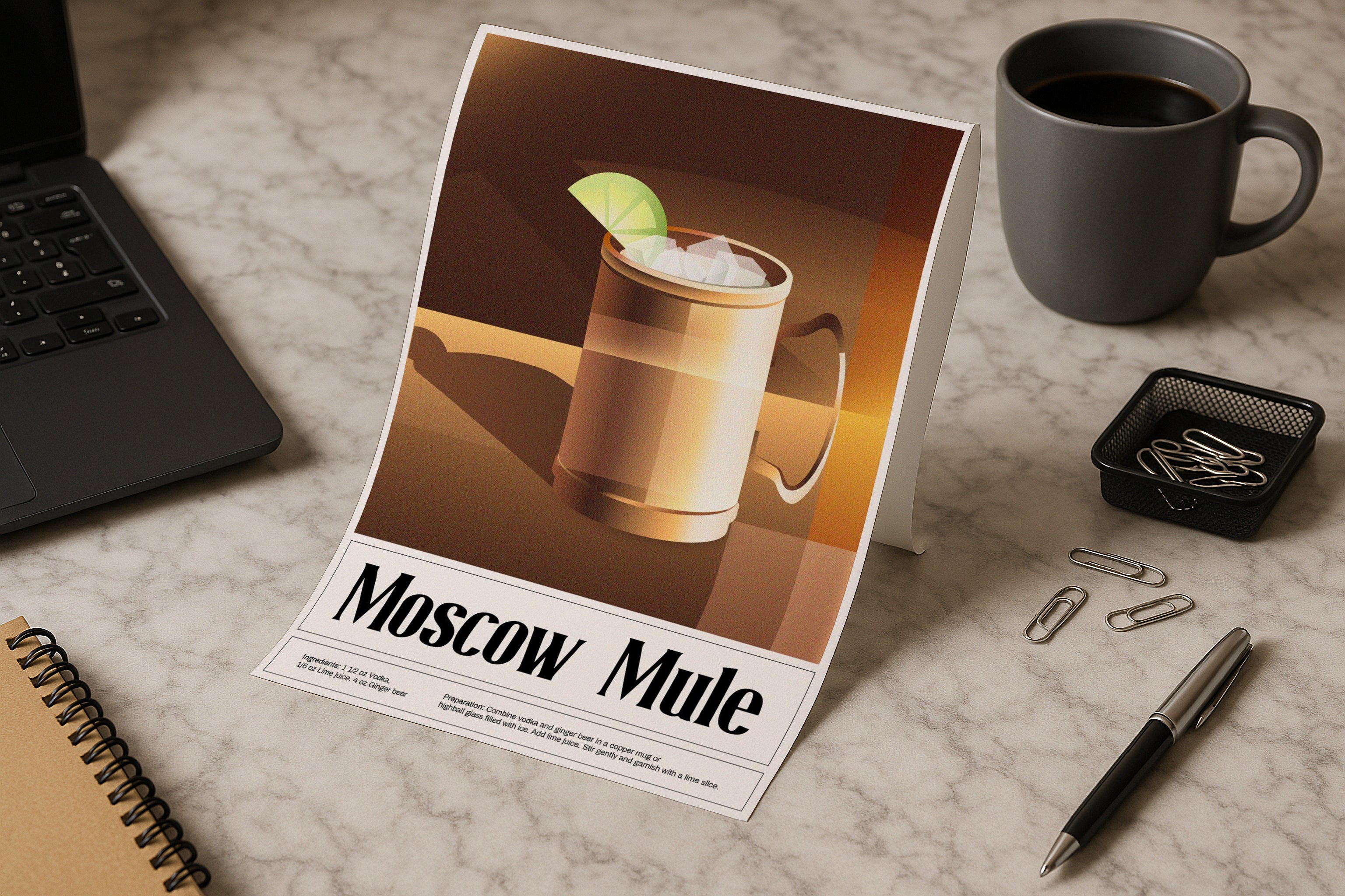 A4 poster mockup on marble desk with laptop, coffee and stationery, PSD smart object template for artwork, typography, graphic design and Etsy prints.