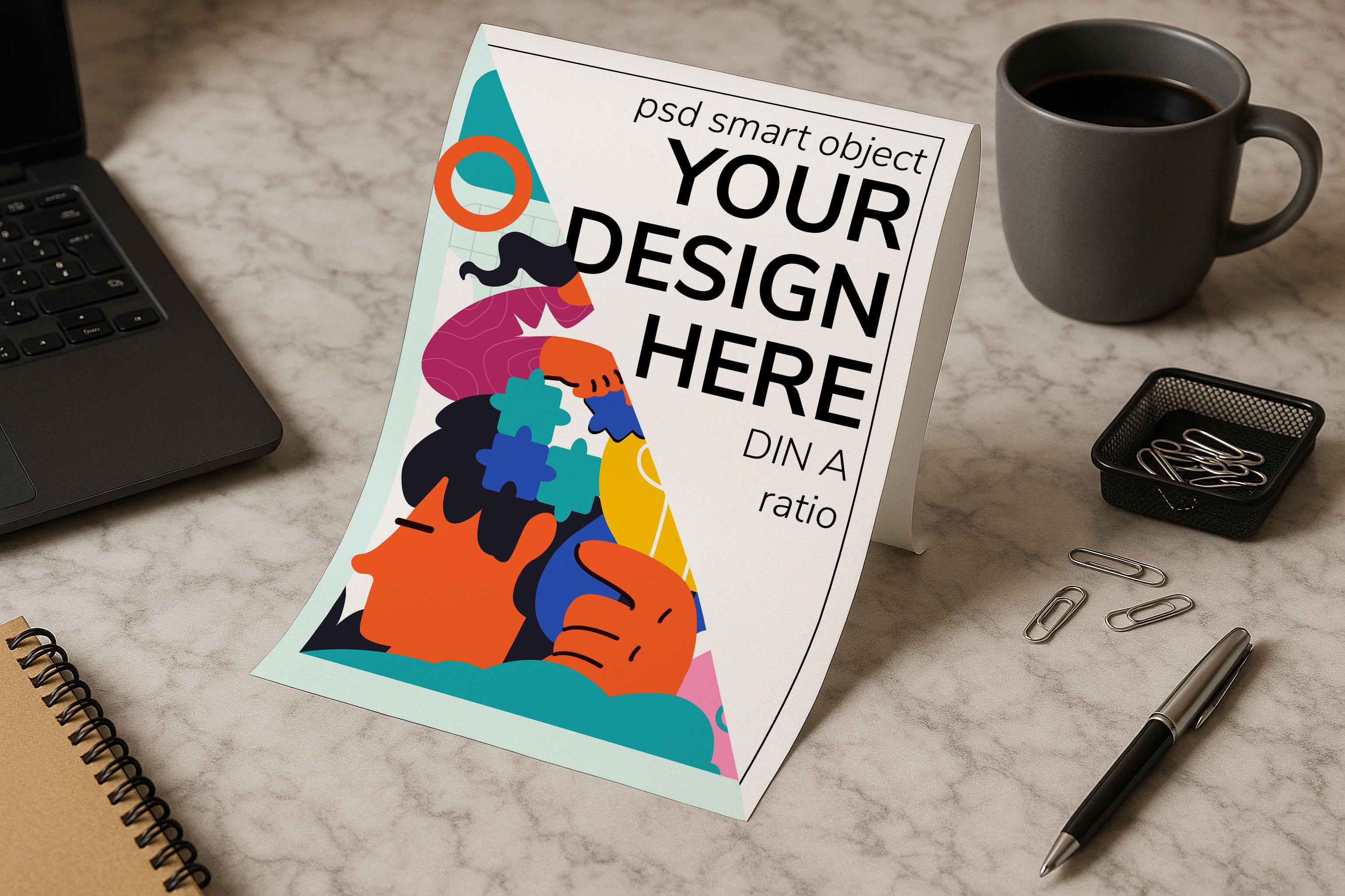 A4 poster mockup on marble desk with laptop, coffee and stationery, PSD smart object template for artwork, typography, graphic design and Etsy prints.