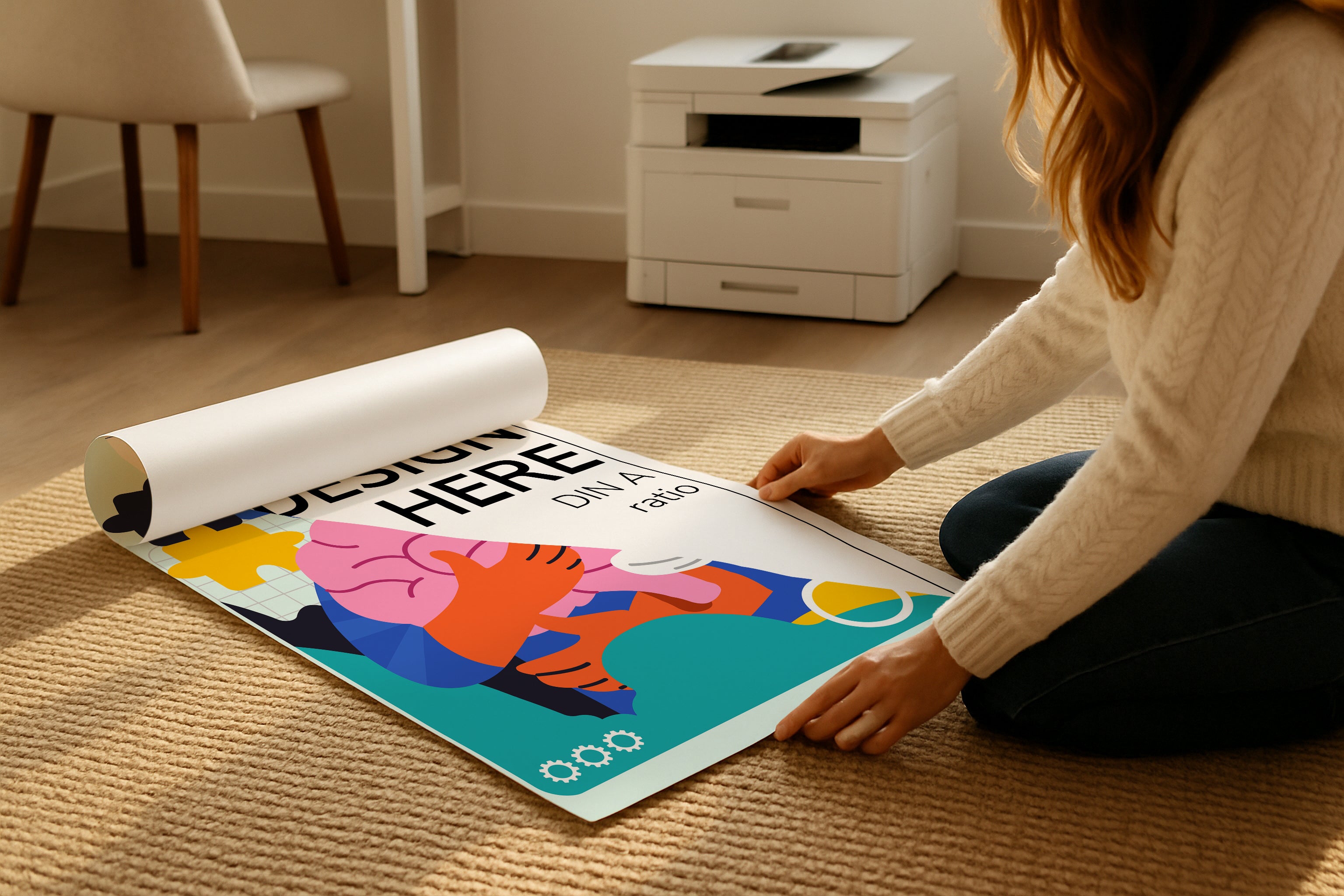 A3 A4 poster mockup rolled on beige rug, woman adjusting vibrant artwork print, PSD smart object template for Etsy wall art, graphic design and photography display.