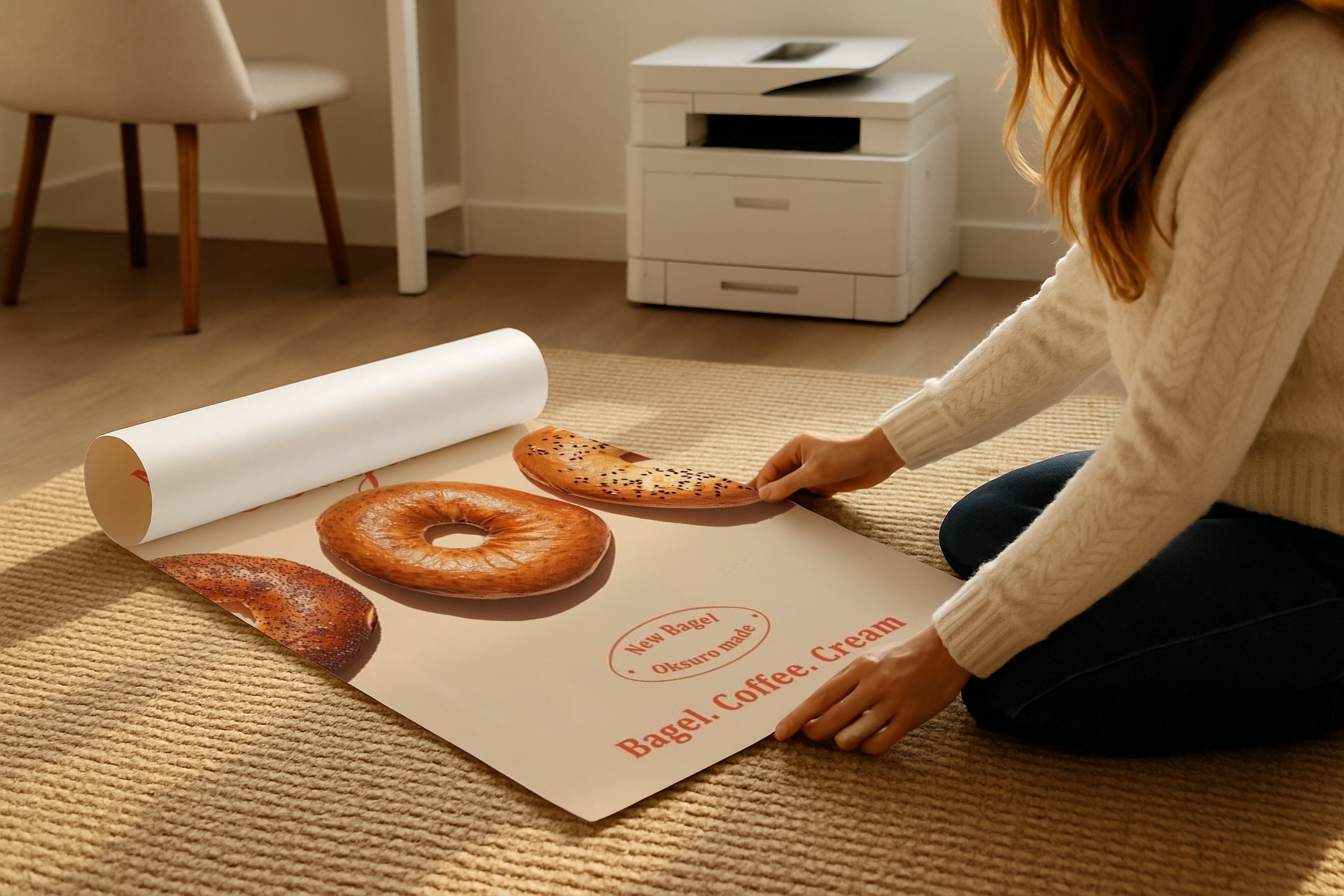 A3 A4 poster mockup rolled on beige rug, woman adjusting vibrant artwork print, PSD smart object template for Etsy wall art, graphic design and photography display.