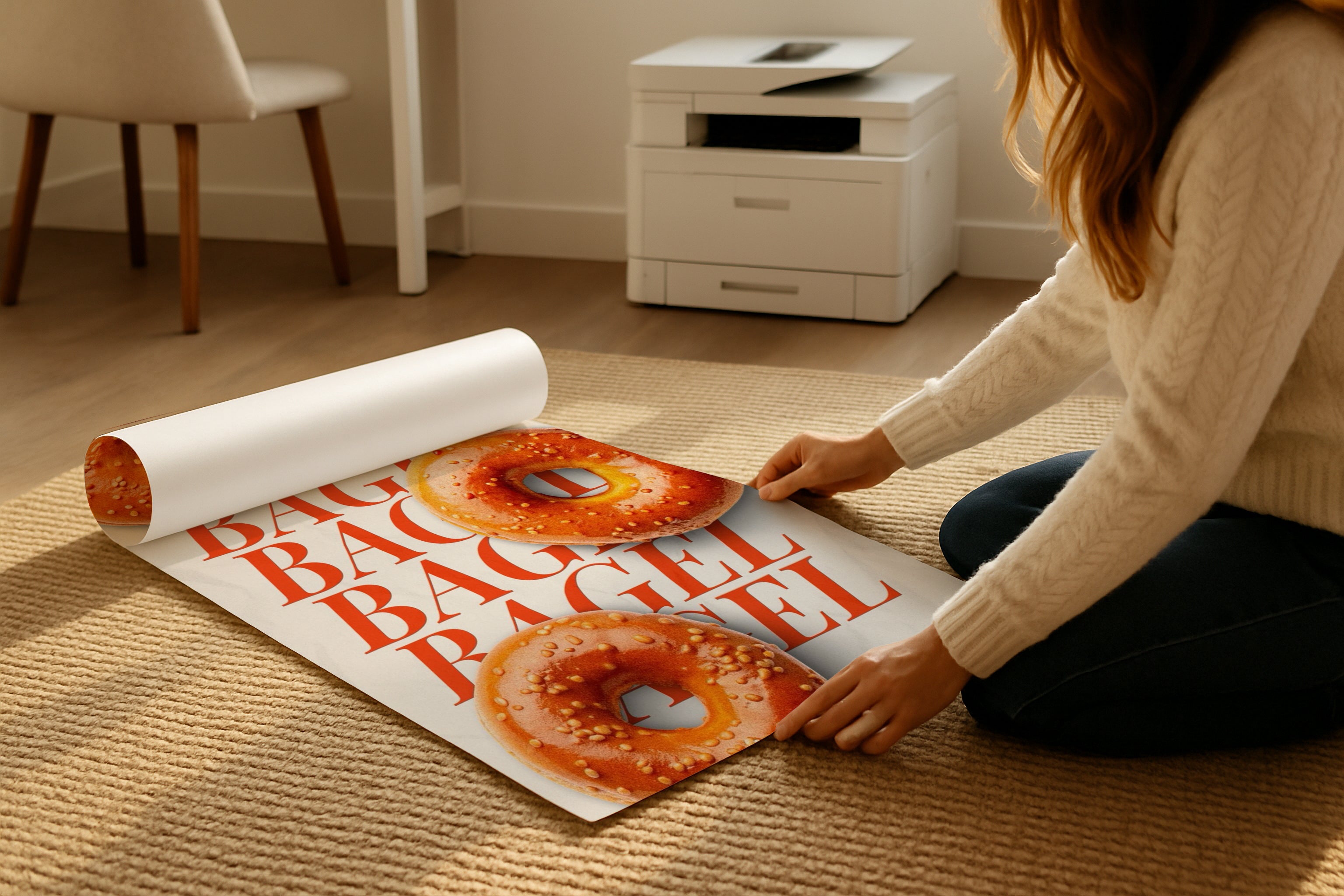 A3 A4 poster mockup rolled on beige rug, woman adjusting vibrant artwork print, PSD smart object template for Etsy wall art, graphic design and photography display.