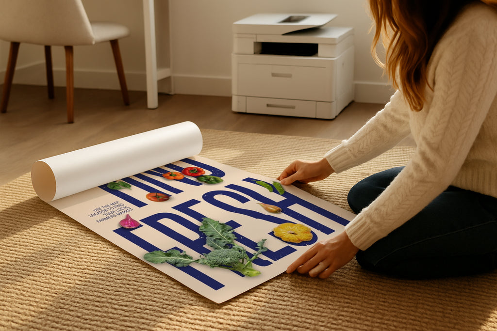 A3 A4 poster mockup rolled on beige rug, woman adjusting vibrant artwork print, PSD smart object template for Etsy wall art, graphic design and photography display.