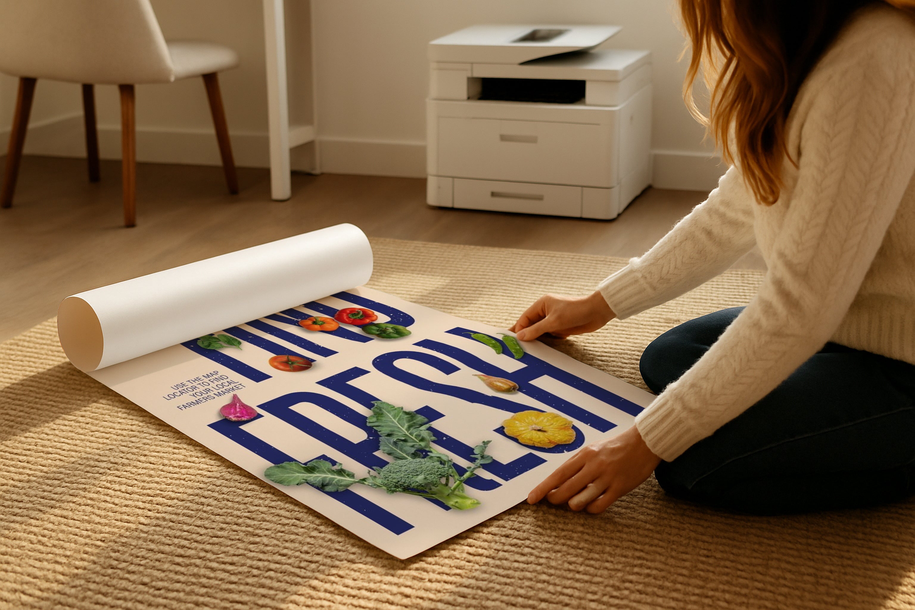 A3 A4 poster mockup rolled on beige rug, woman adjusting vibrant artwork print, PSD smart object template for Etsy wall art, graphic design and photography display.
