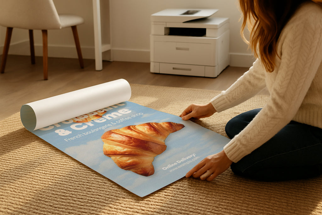 A3 A4 poster mockup rolled on beige rug, woman adjusting vibrant artwork print, PSD smart object template for Etsy wall art, graphic design and photography display.
