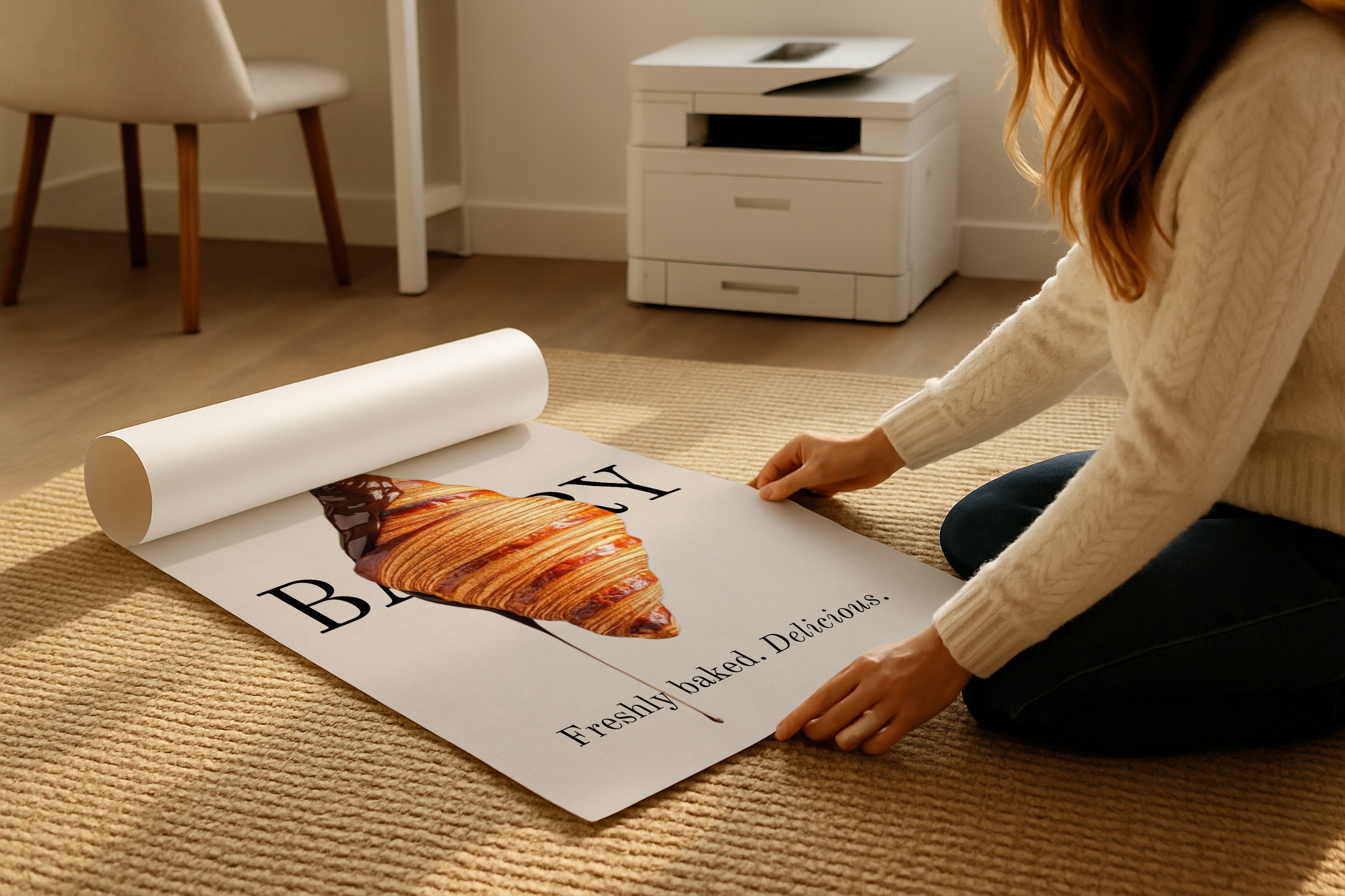 A3 A4 poster mockup rolled on beige rug, woman adjusting vibrant artwork print, PSD smart object template for Etsy wall art, graphic design and photography display.