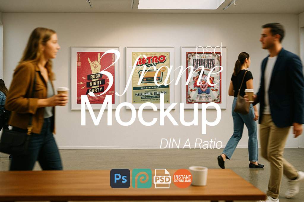 3 Frame Gallery Wall Art Mockup Modern Exhibition White Frames Display PSD Digital Download