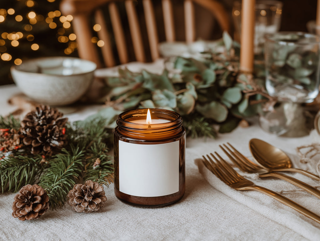 Cozy Amber Jar Candle Mockup PSD Smart Object Christmas Digital Template