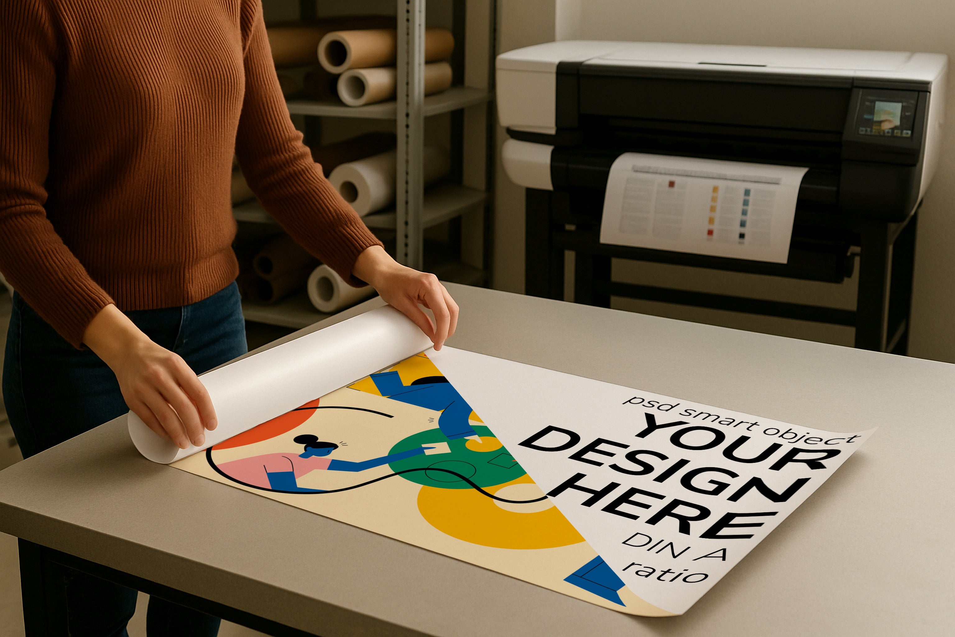 DIN A Ratio poster mockup on print shop table, rolled paper design with PSD smart object, ideal for Etsy wall art, photography, artwork and graphic design presentation.