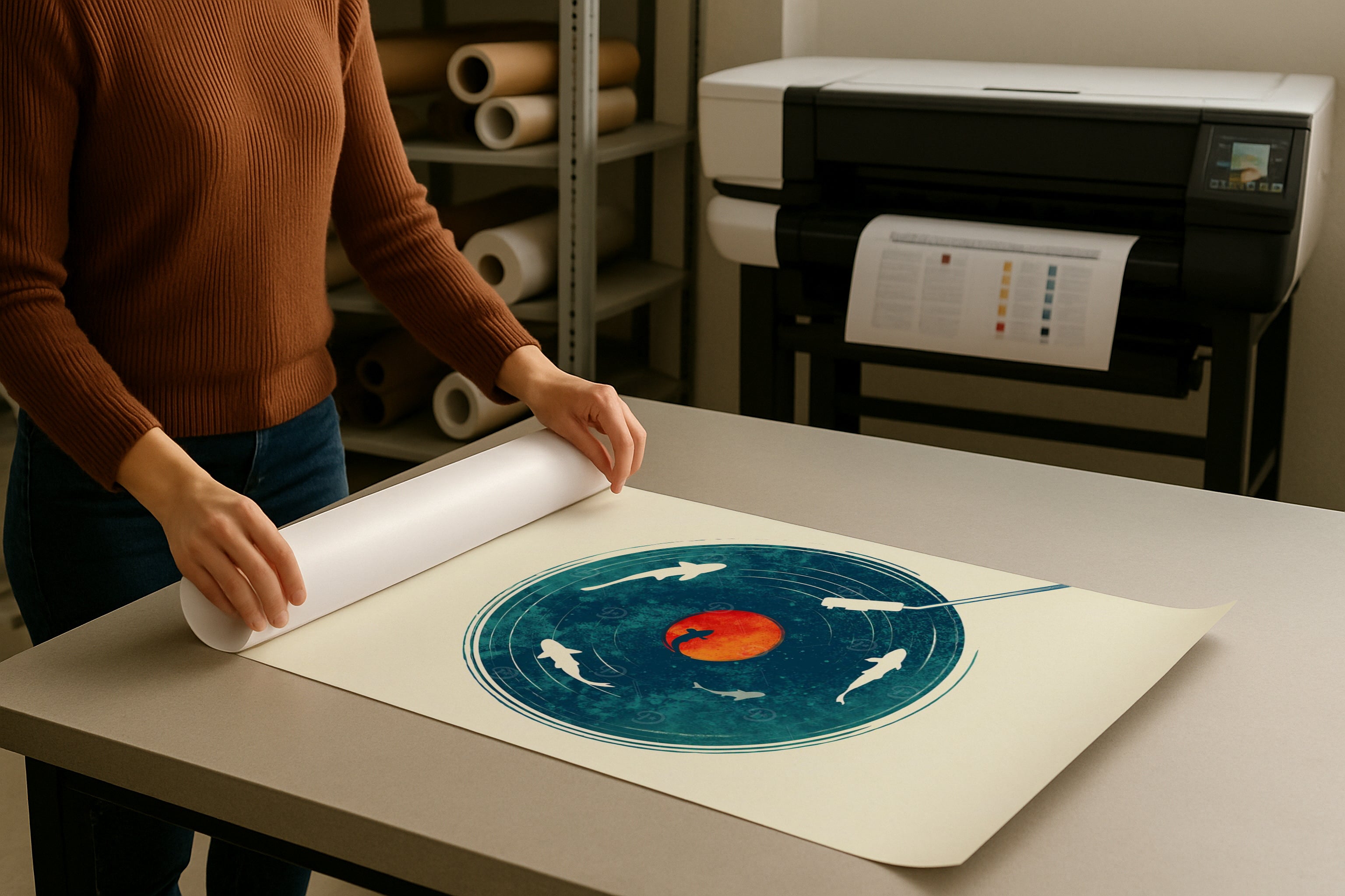 DIN A Ratio poster mockup on print shop table, rolled paper design with PSD smart object, ideal for Etsy wall art, photography, artwork and graphic design presentation.