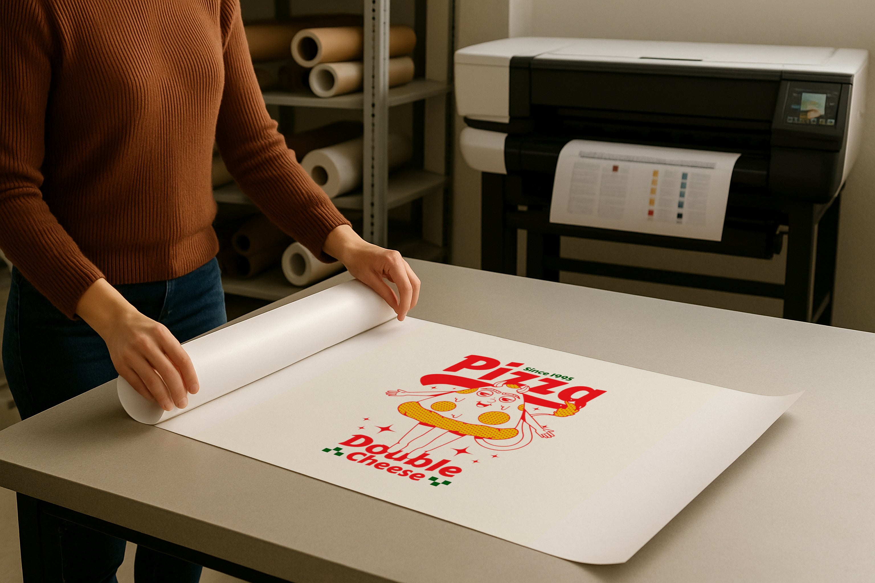 DIN A Ratio poster mockup on print shop table, rolled paper design with PSD smart object, ideal for Etsy wall art, photography, artwork and graphic design presentation.