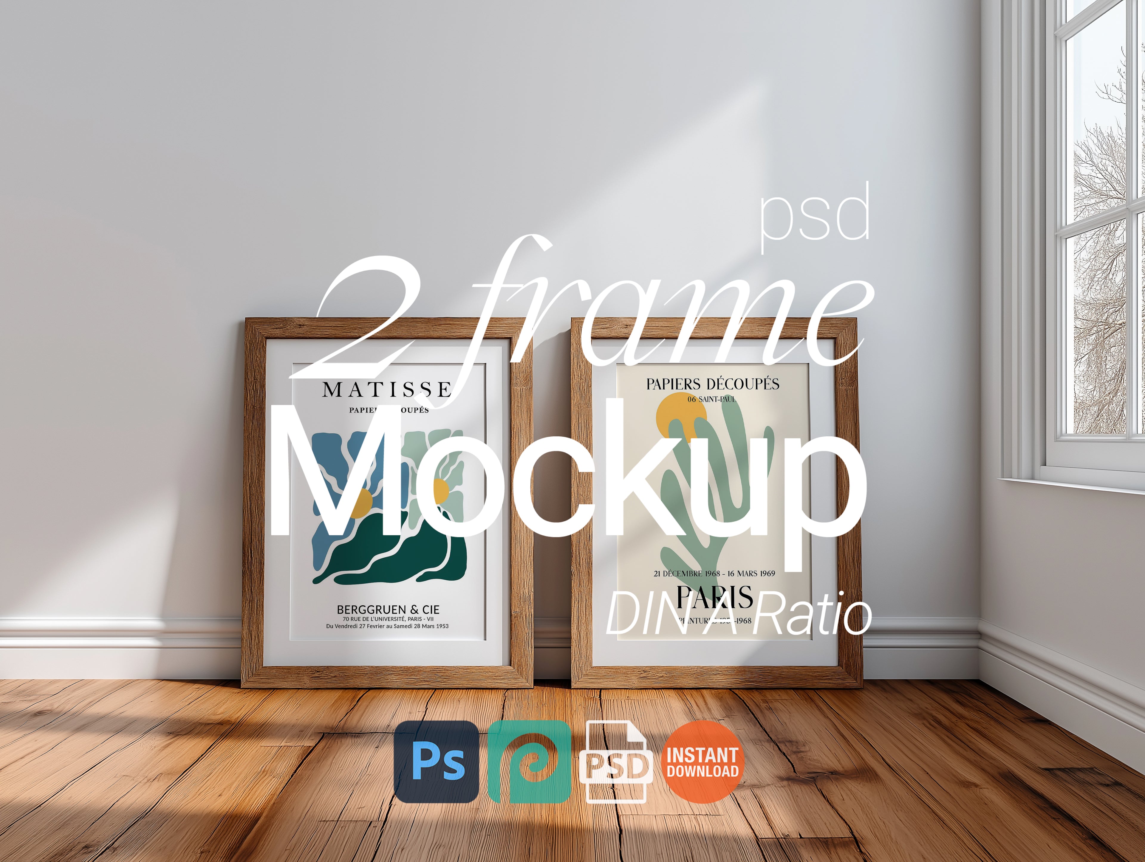 2 Frame Mockup Minimalist Poster Display Double Wooden Wall Art Scandinavian Interior PSD Digital