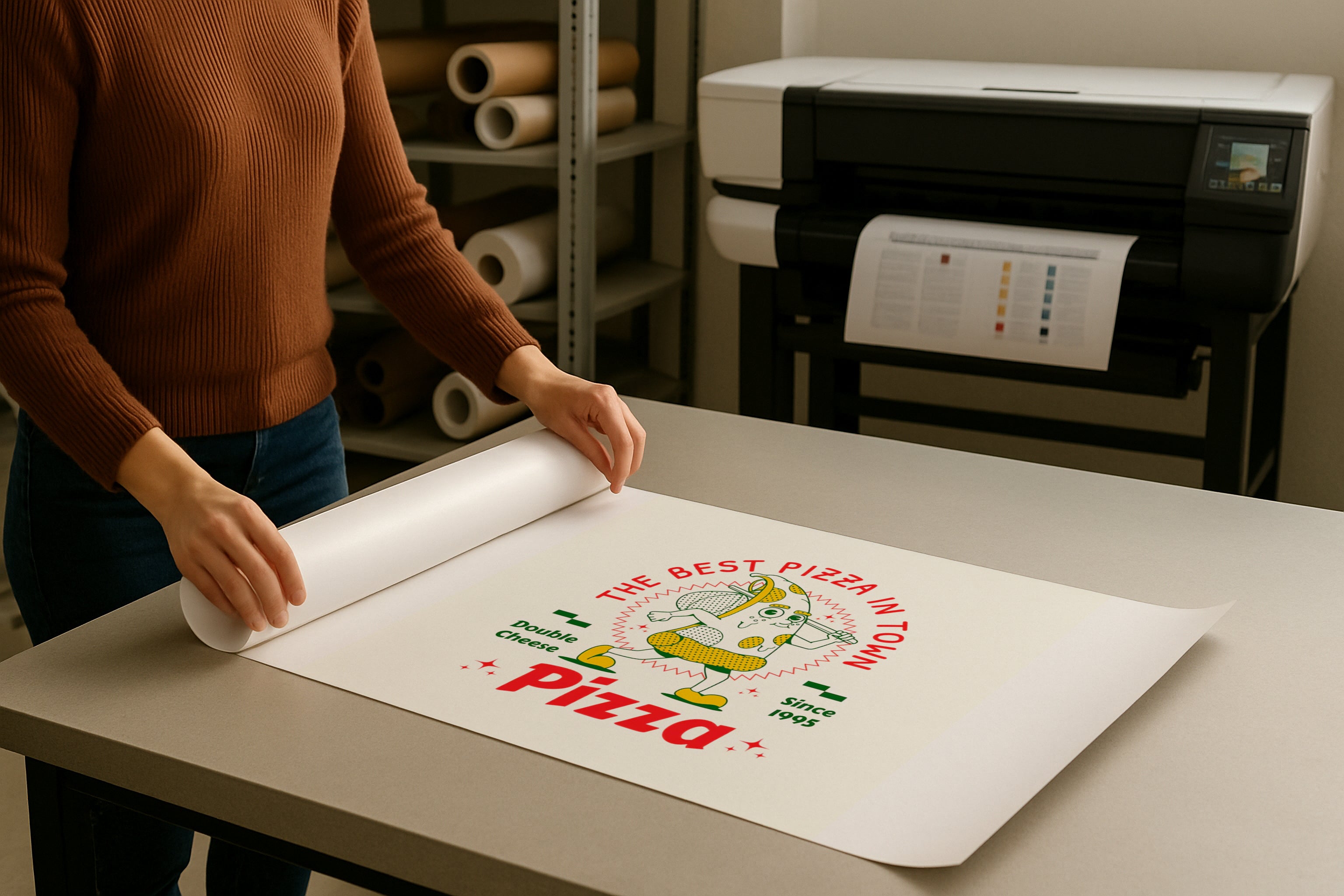 DIN A Ratio poster mockup on print shop table, rolled paper design with PSD smart object, ideal for Etsy wall art, photography, artwork and graphic design presentation.