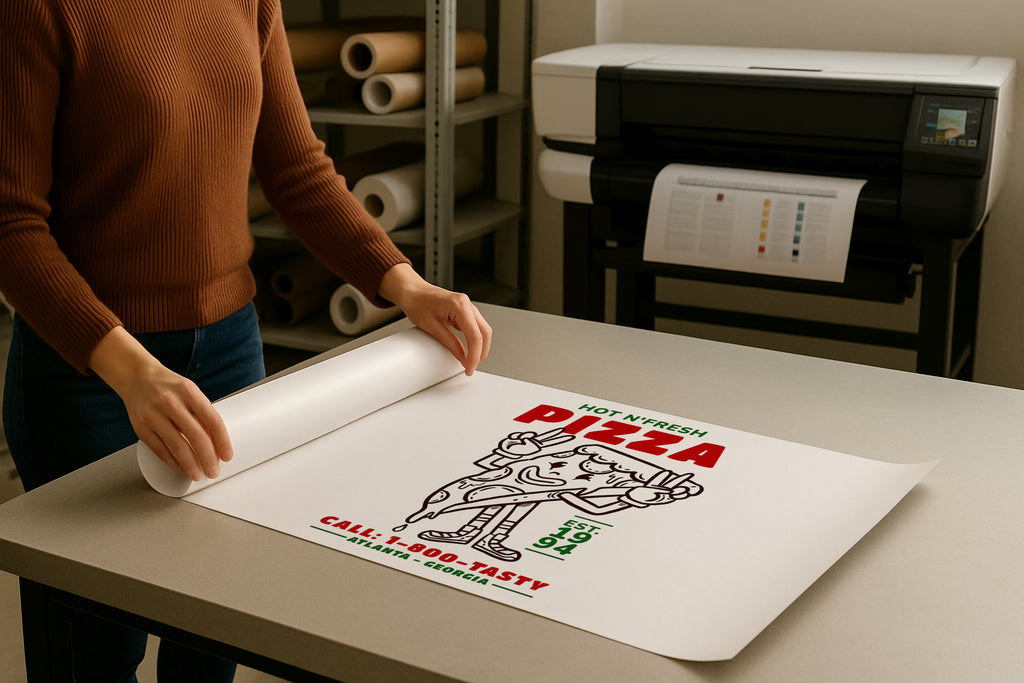 DIN A Ratio poster mockup on print shop table, rolled paper design with PSD smart object, ideal for Etsy wall art, photography, artwork and graphic design presentation.