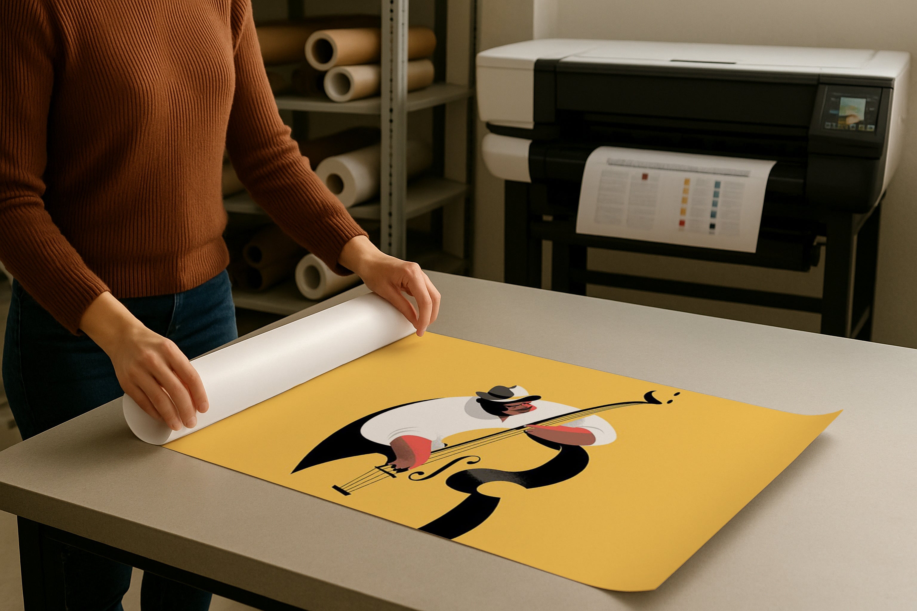DIN A Ratio poster mockup on print shop table, rolled paper design with PSD smart object, ideal for Etsy wall art, photography, artwork and graphic design presentation.
