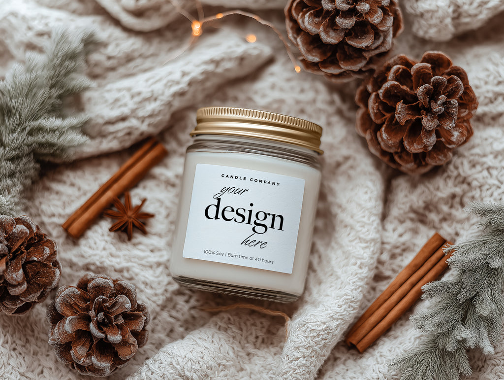 Cozy 9oz White Jar Candle Mockup PSD Printify Label Template