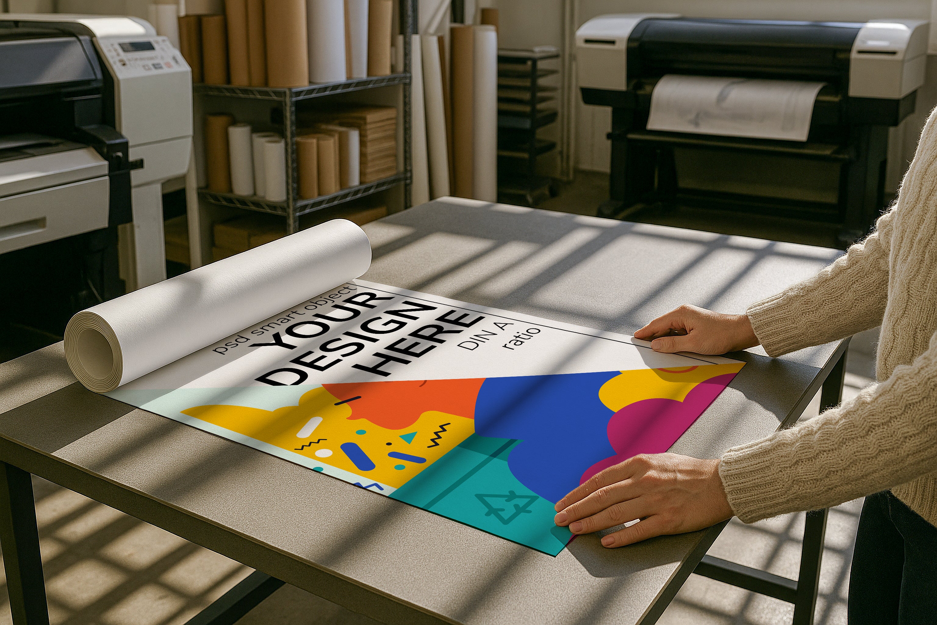 A2 A3 A4 poster mockup in print shop with rolled paper on table, PSD smart object for artwork, Etsy wall art, photography prints, and graphic design showcase