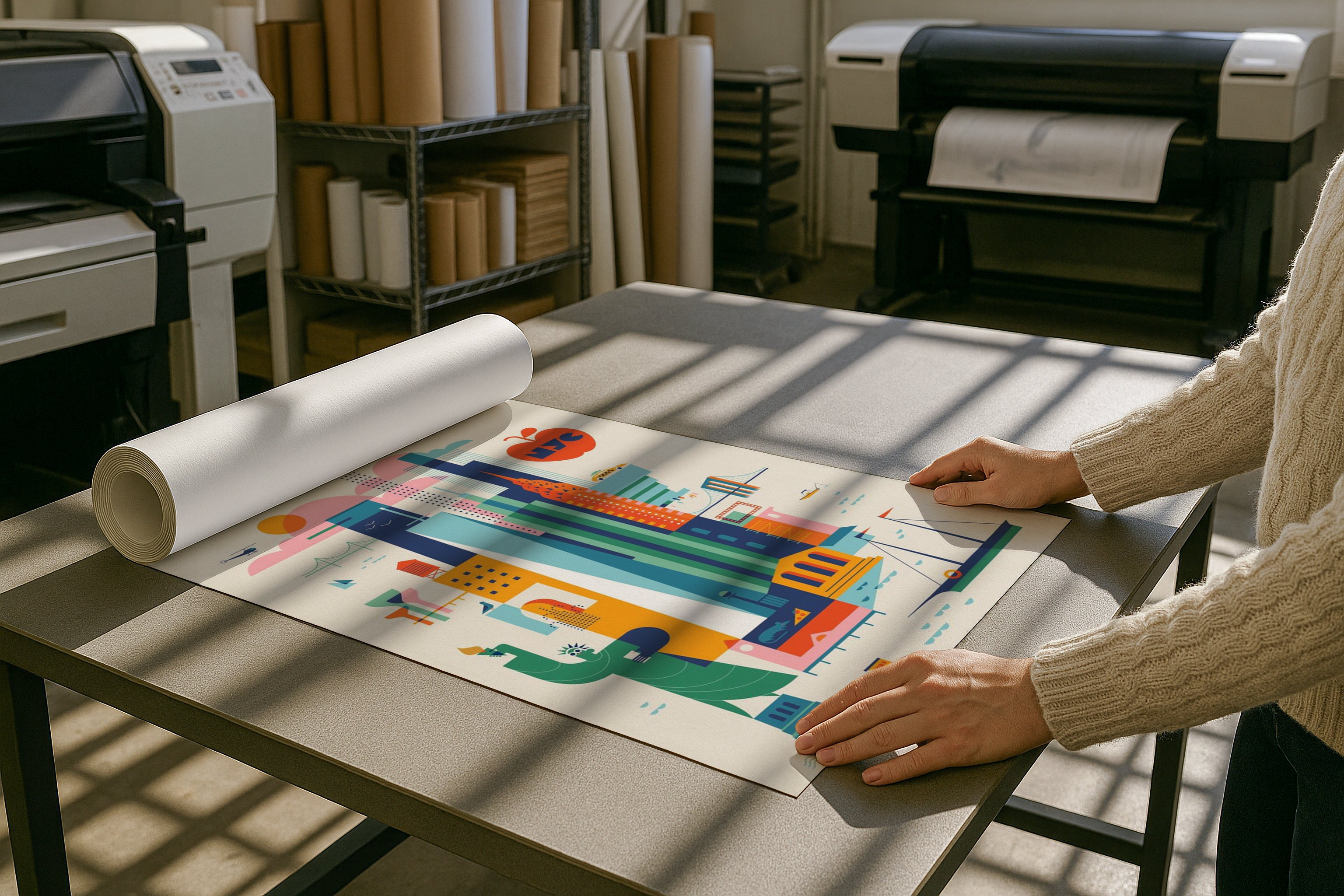 A2 A3 A4 poster mockup in print shop with rolled paper on table, PSD smart object for artwork, Etsy wall art, photography prints, and graphic design showcase