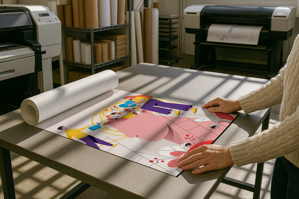A2 A3 A4 poster mockup in print shop with rolled paper on table, PSD smart object for artwork, Etsy wall art, photography prints, and graphic design showcase