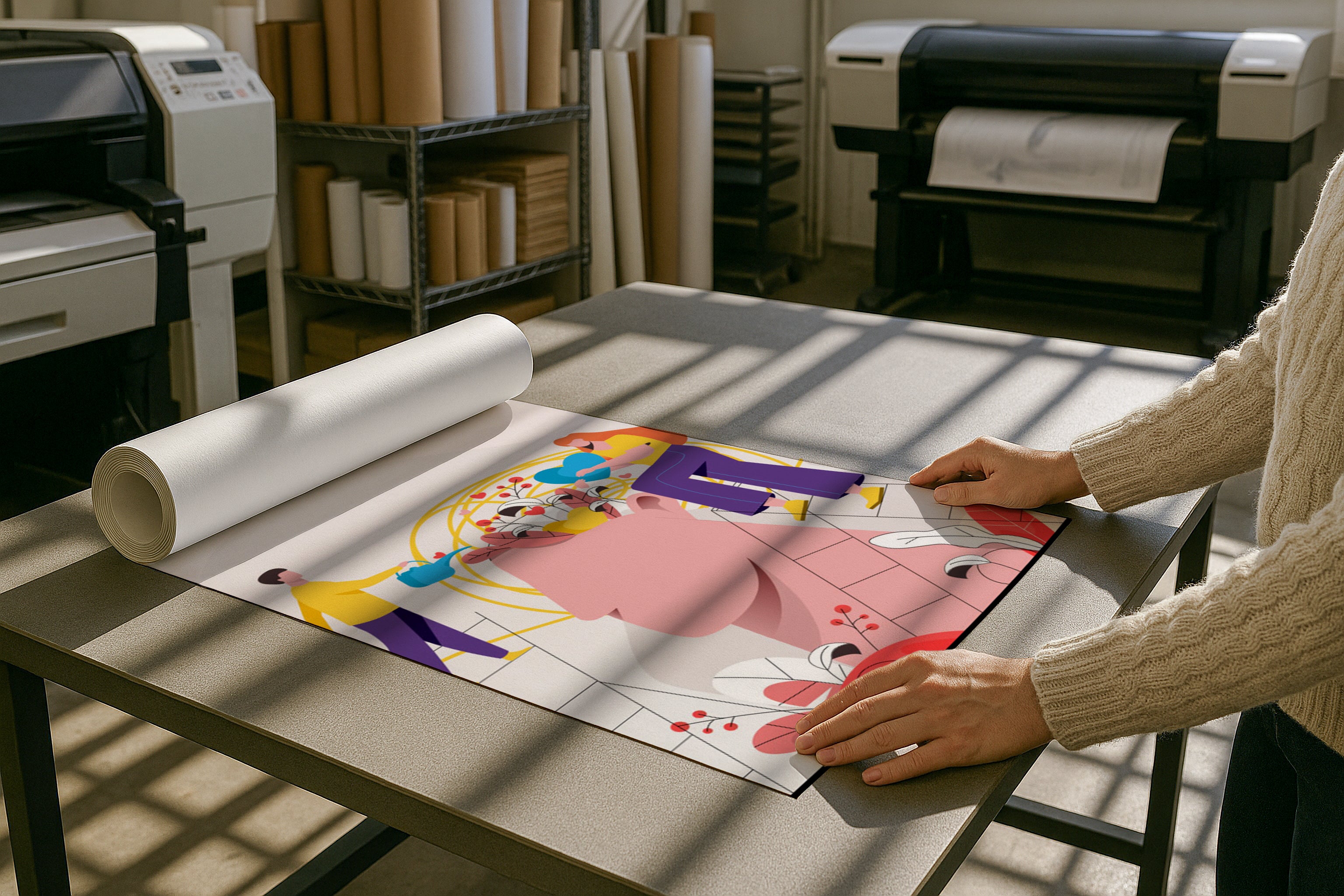 A2 A3 A4 poster mockup in print shop with rolled paper on table, PSD smart object for artwork, Etsy wall art, photography prints, and graphic design showcase