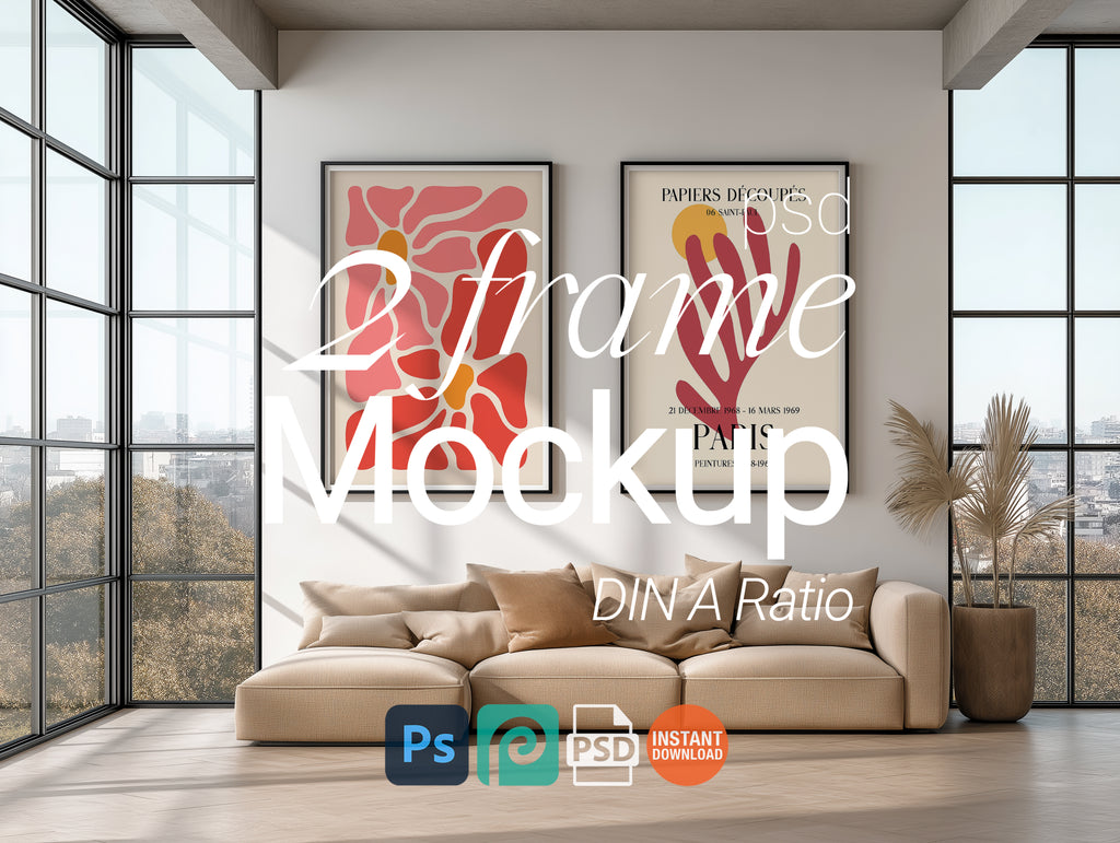2 Frame Mockup Minimalist Poster Display Double Wall Art Scandinavian Interior PSD Digital