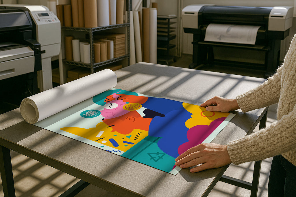 A2 A3 A4 poster mockup in print shop with rolled paper on table, PSD smart object for artwork, Etsy wall art, photography prints, and graphic design showcase