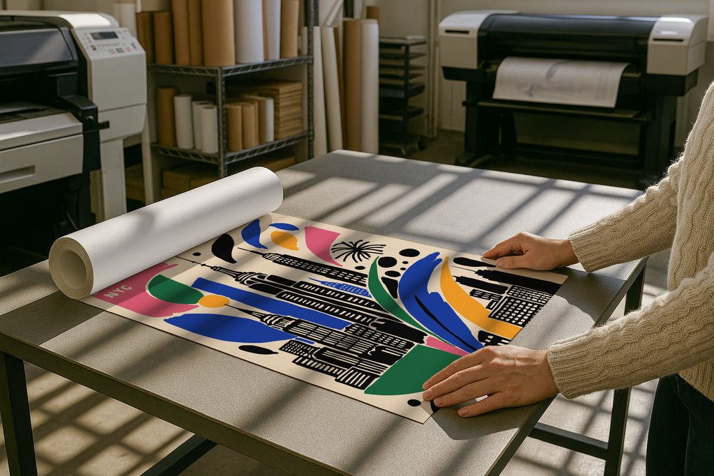 A2 A3 A4 poster mockup in print shop with rolled paper on table, PSD smart object for artwork, Etsy wall art, photography prints, and graphic design showcase