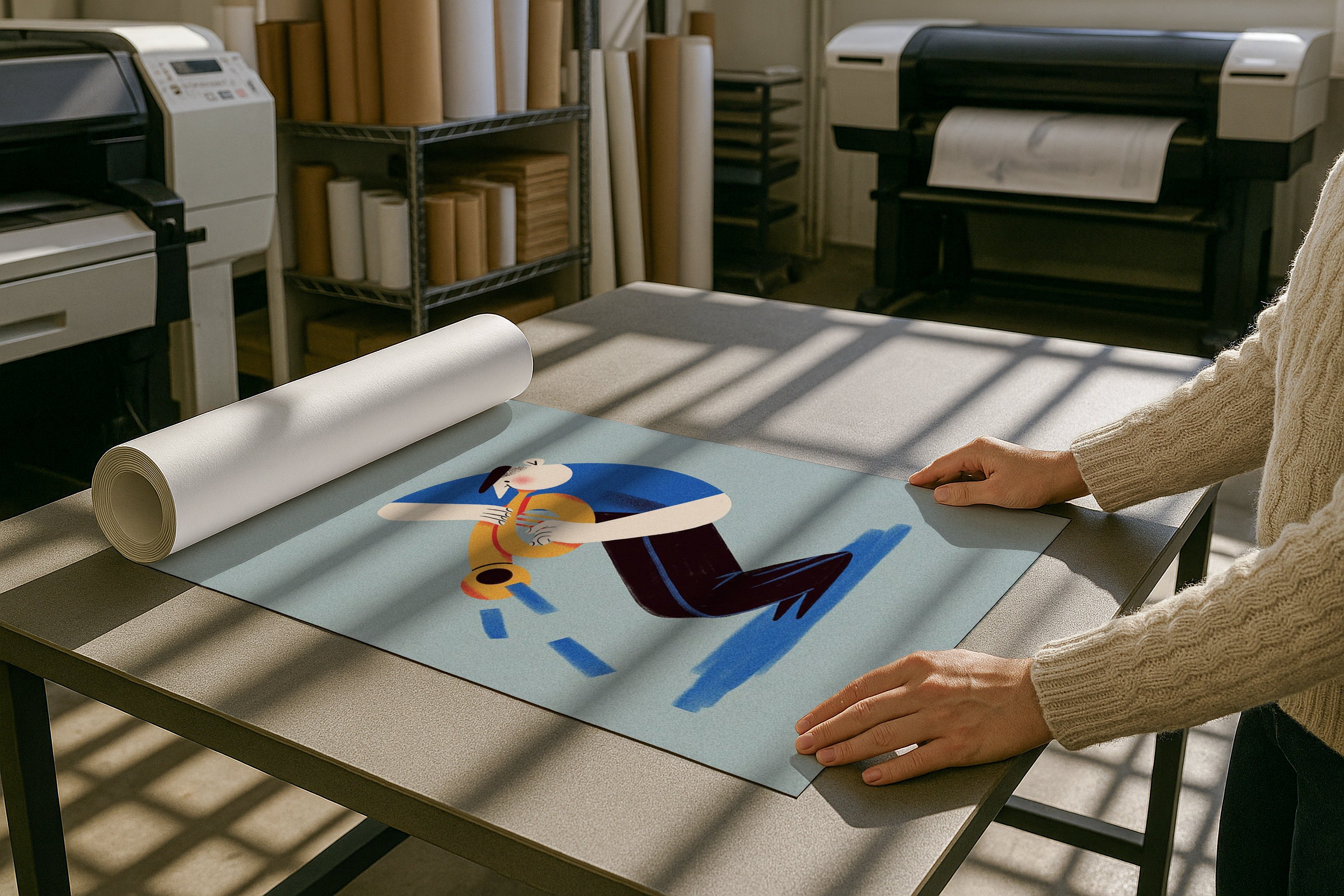 A2 A3 A4 poster mockup in print shop with rolled paper on table, PSD smart object for artwork, Etsy wall art, photography prints, and graphic design showcase