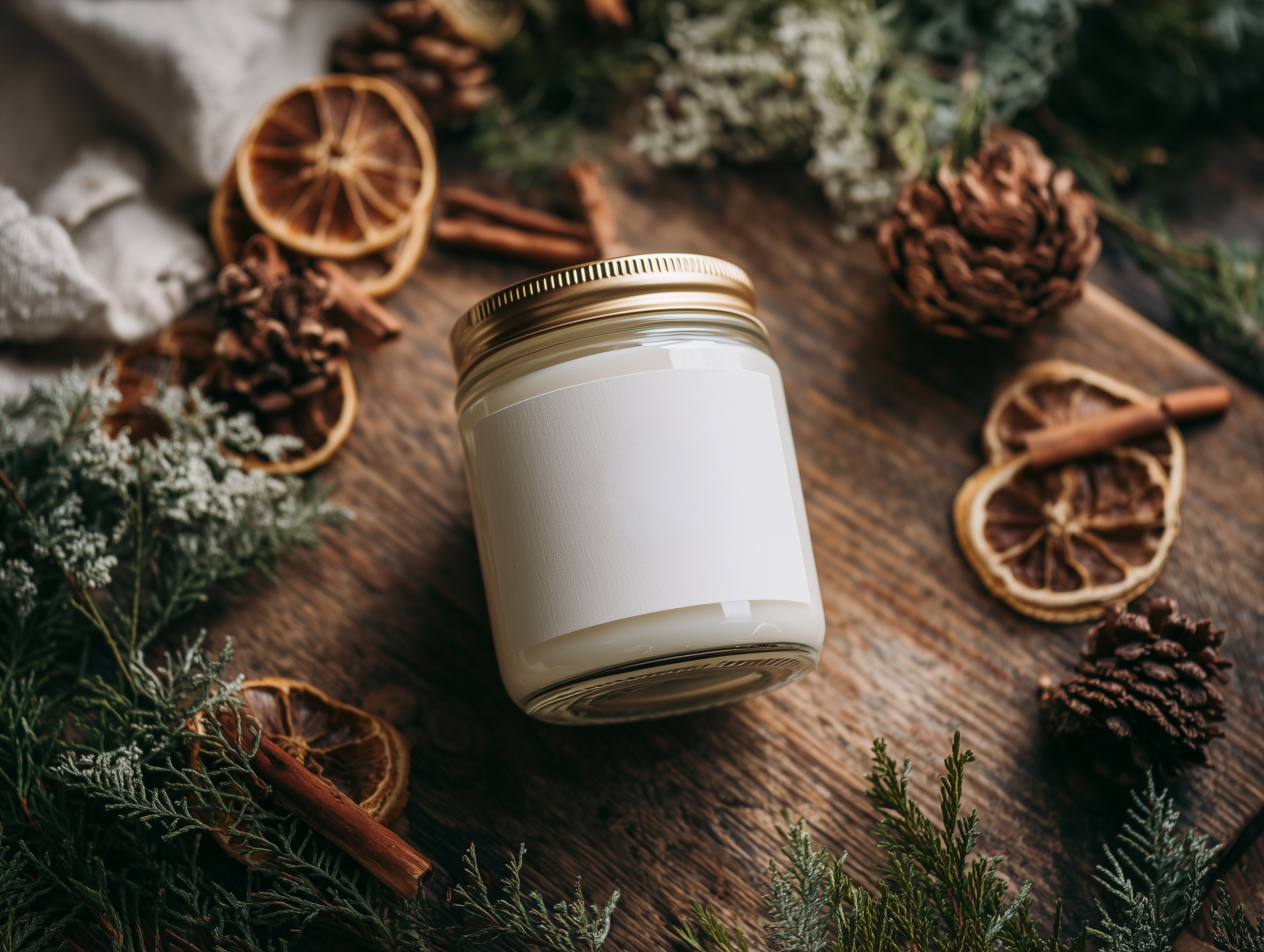 Warm Rustic Candle Mockup PSD in a Cozy Festive Flat Lay Setting