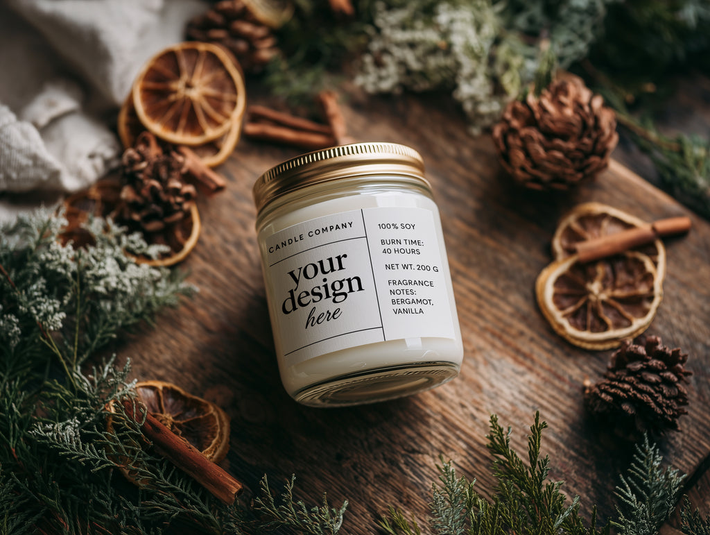 Warm Rustic Candle Mockup PSD in a Cozy Festive Flat Lay Setting
