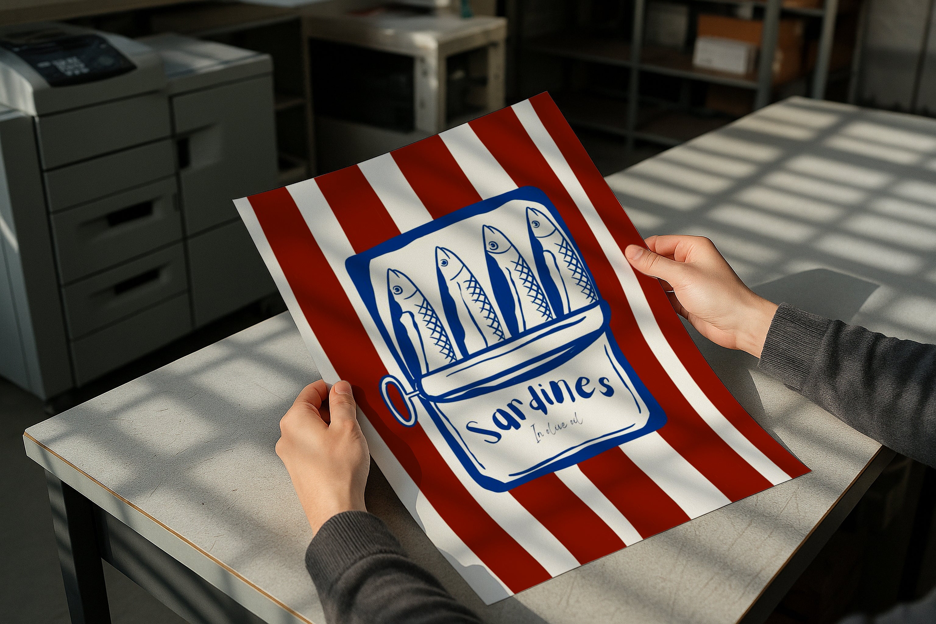 Poster mockup in hands in office setting, minimalistic A4 A3 artwork mockup, modern PSD template for printable wall art and graphic design.