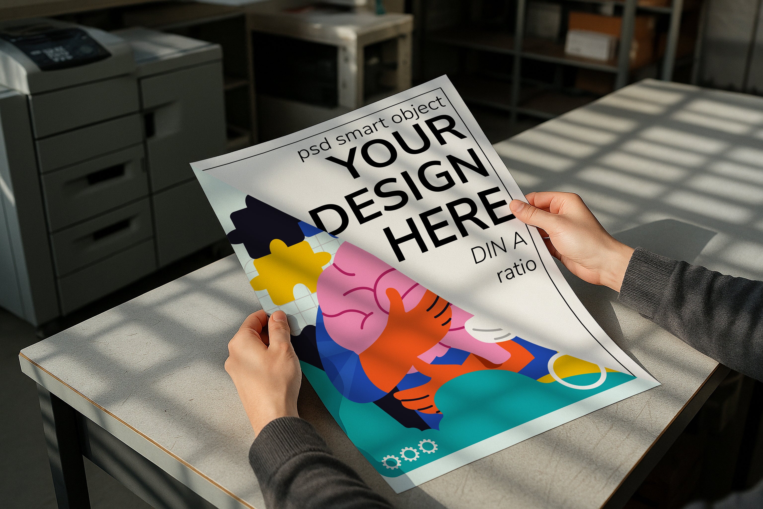 Poster mockup in hands in office setting, minimalistic A4 A3 artwork mockup, modern PSD template for printable wall art and graphic design.