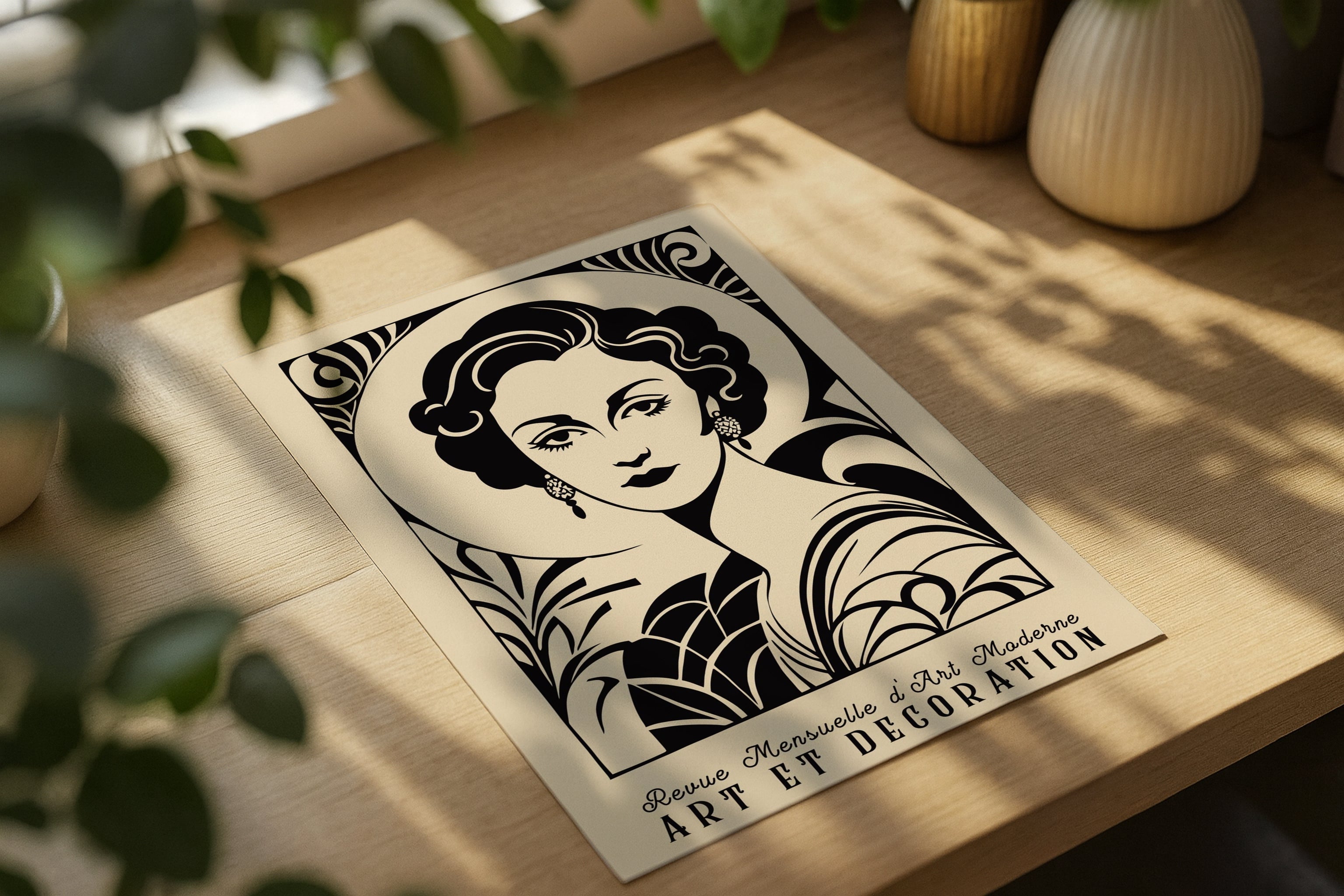 Poster mockup on wooden desk with flowers and books, A4 A3 print mockup PSD template for artwork, wall art, photography, graphic design and digital prints