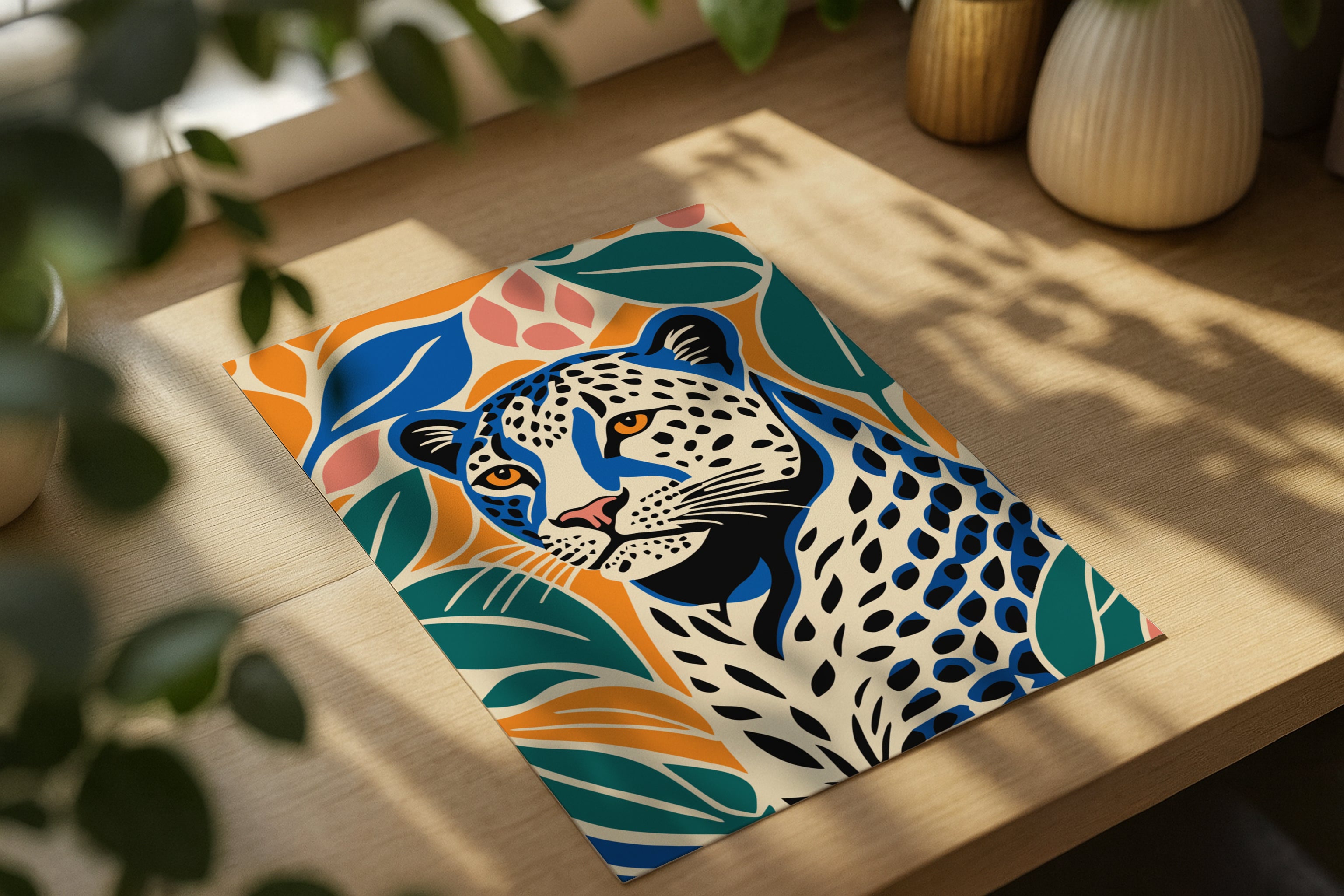 Poster mockup on wooden desk with flowers and books, A4 A3 print mockup PSD template for artwork, wall art, photography, graphic design and digital prints