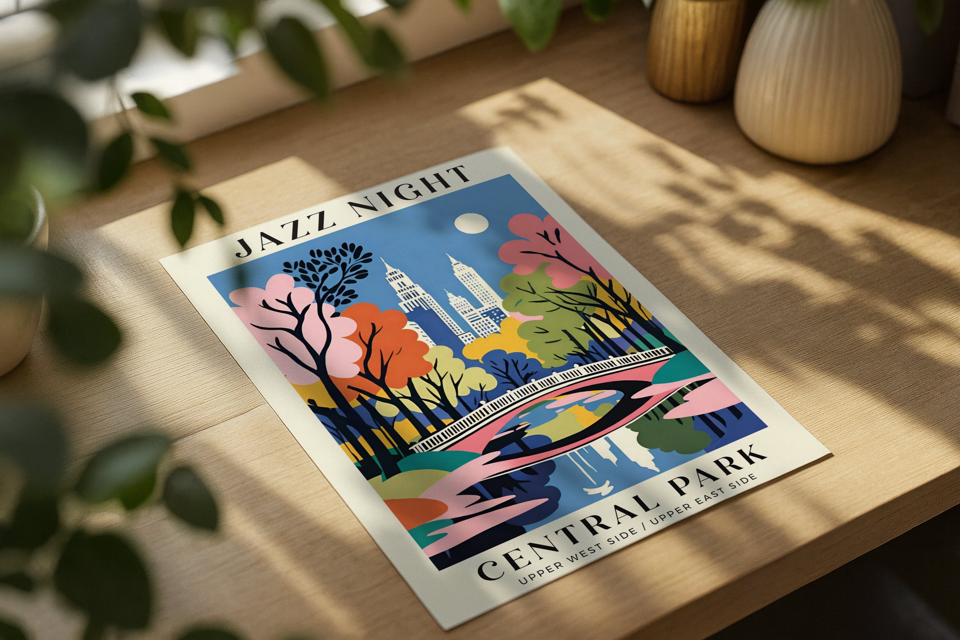 Poster mockup on wooden desk with flowers and books, A4 A3 print mockup PSD template for artwork, wall art, photography, graphic design and digital prints