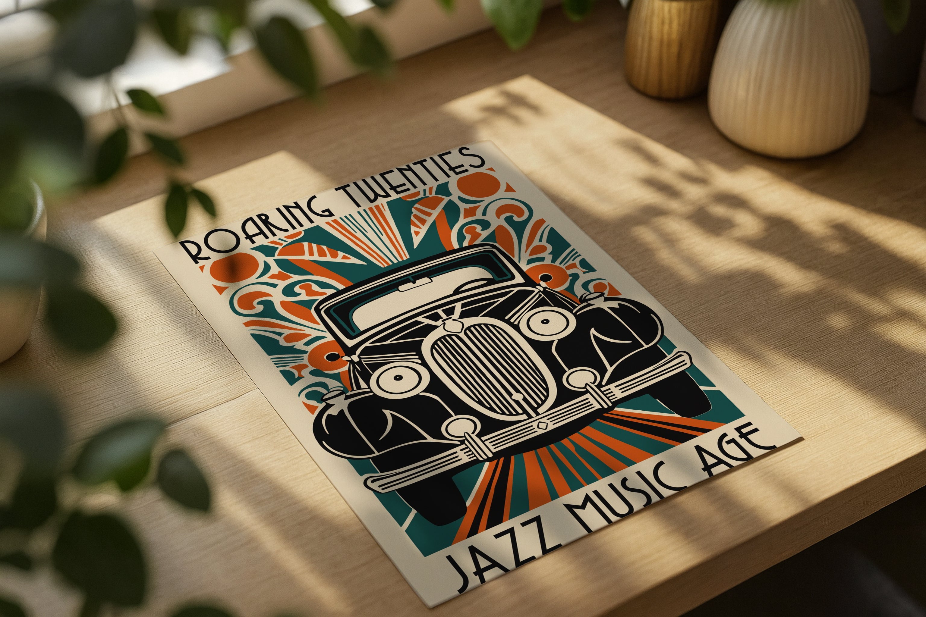 Poster mockup on wooden desk with flowers and books, A4 A3 print mockup PSD template for artwork, wall art, photography, graphic design and digital prints
