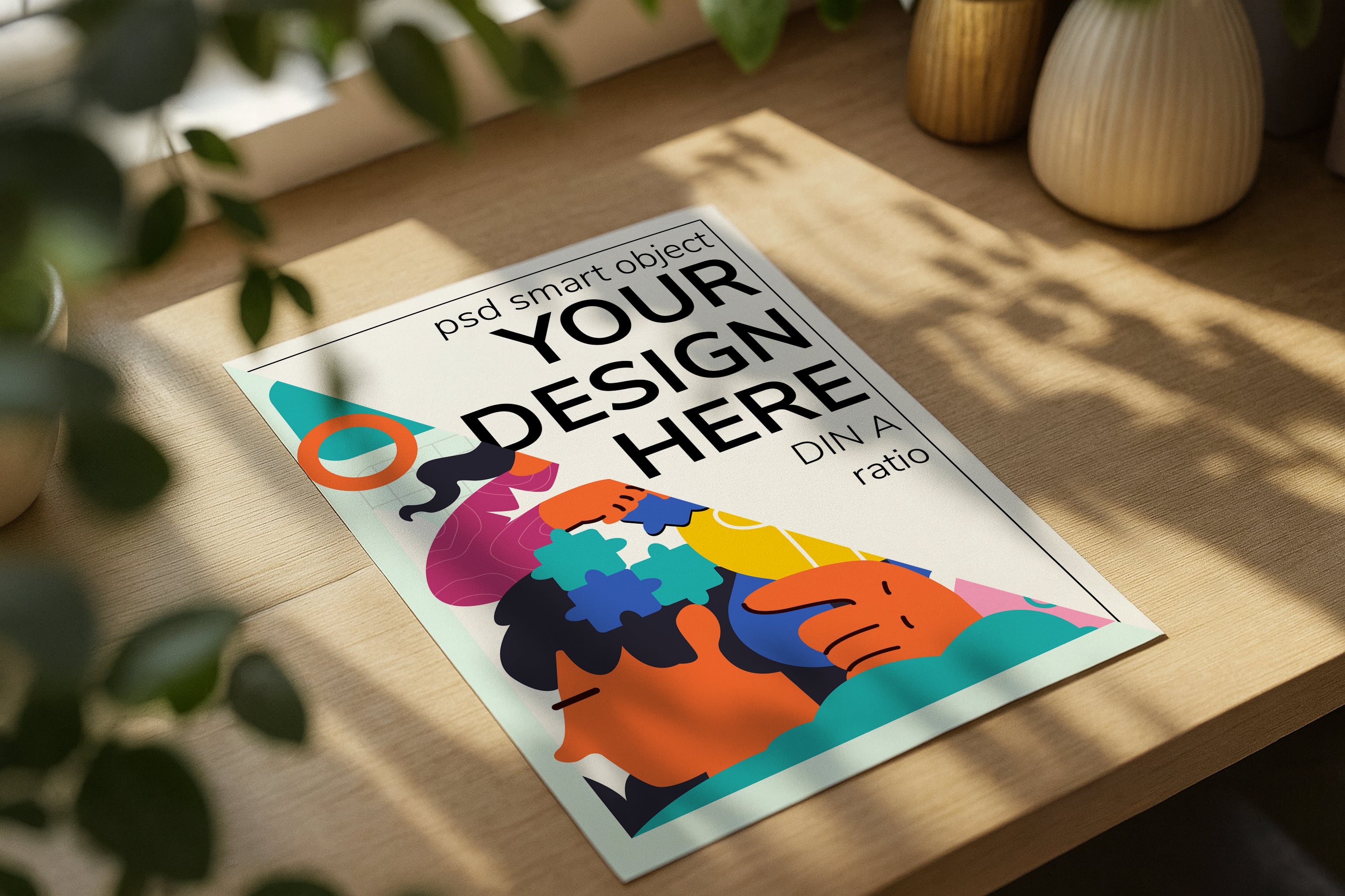 Poster mockup on wooden desk with flowers and books, A4 A3 print mockup PSD template for artwork, wall art, photography, graphic design and digital prints