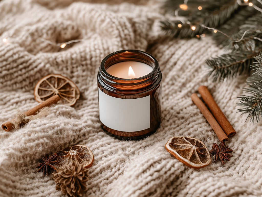Festive Amber Candle Mockup PSD Christmas Smart Object Digital Template