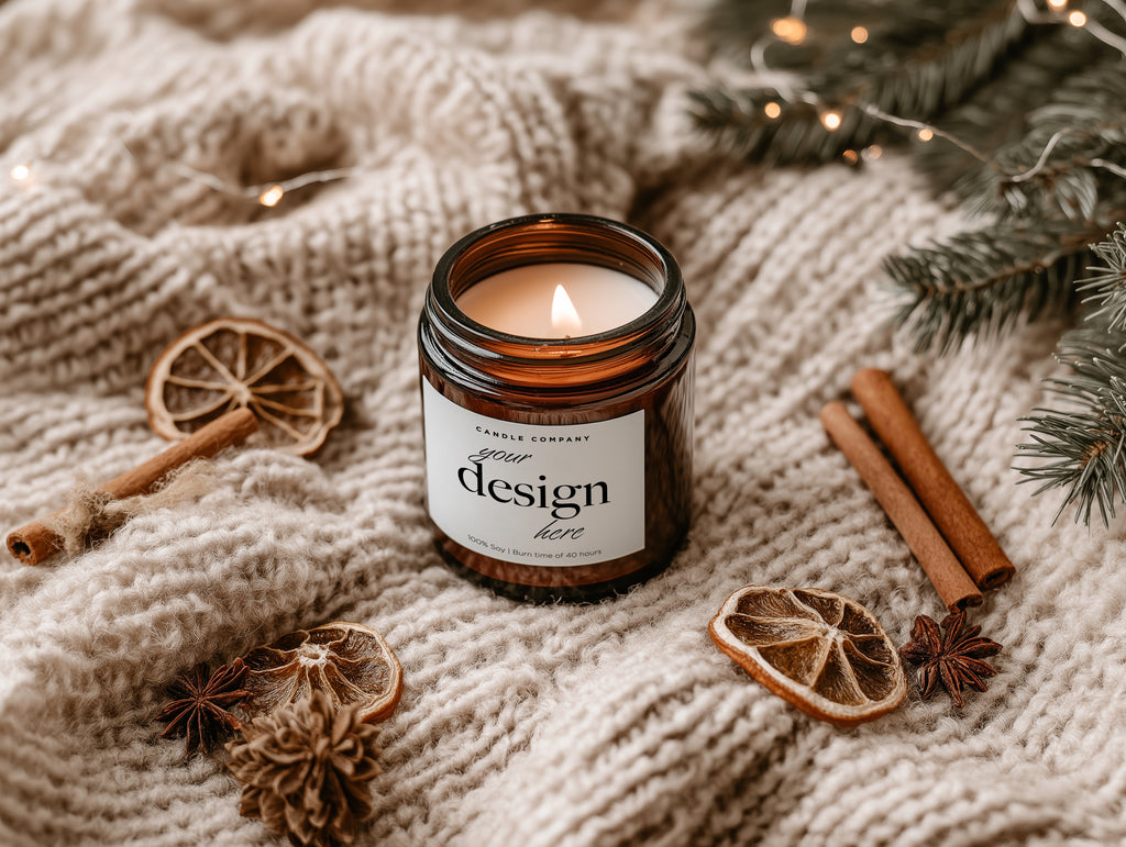 Festive Amber Candle Mockup PSD Christmas Smart Object Digital Template