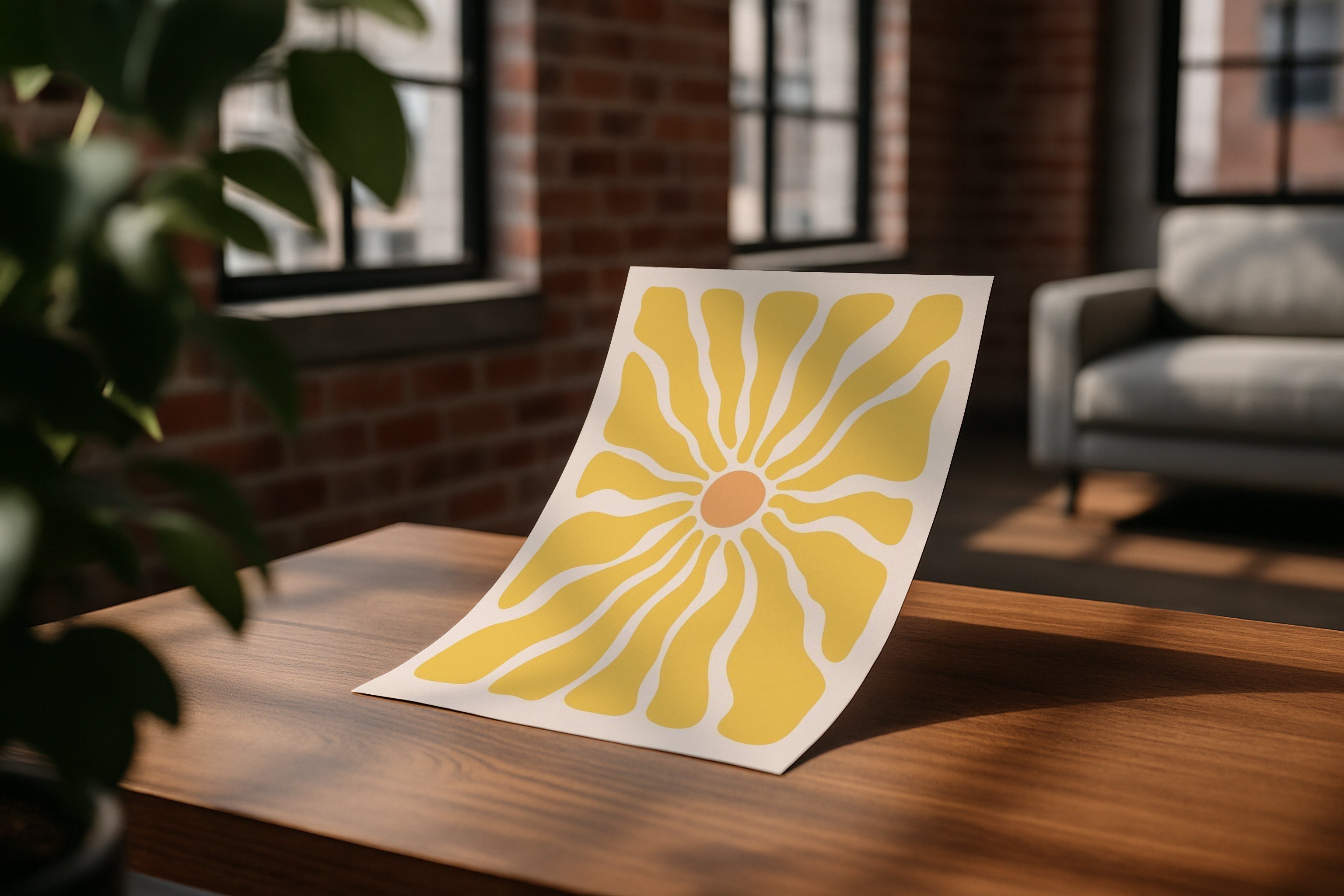 A3 A4 poster mockup on wooden table with sunlight in modern loft interior, PSD smart object for artwork, Etsy wall art, printable design showcase.