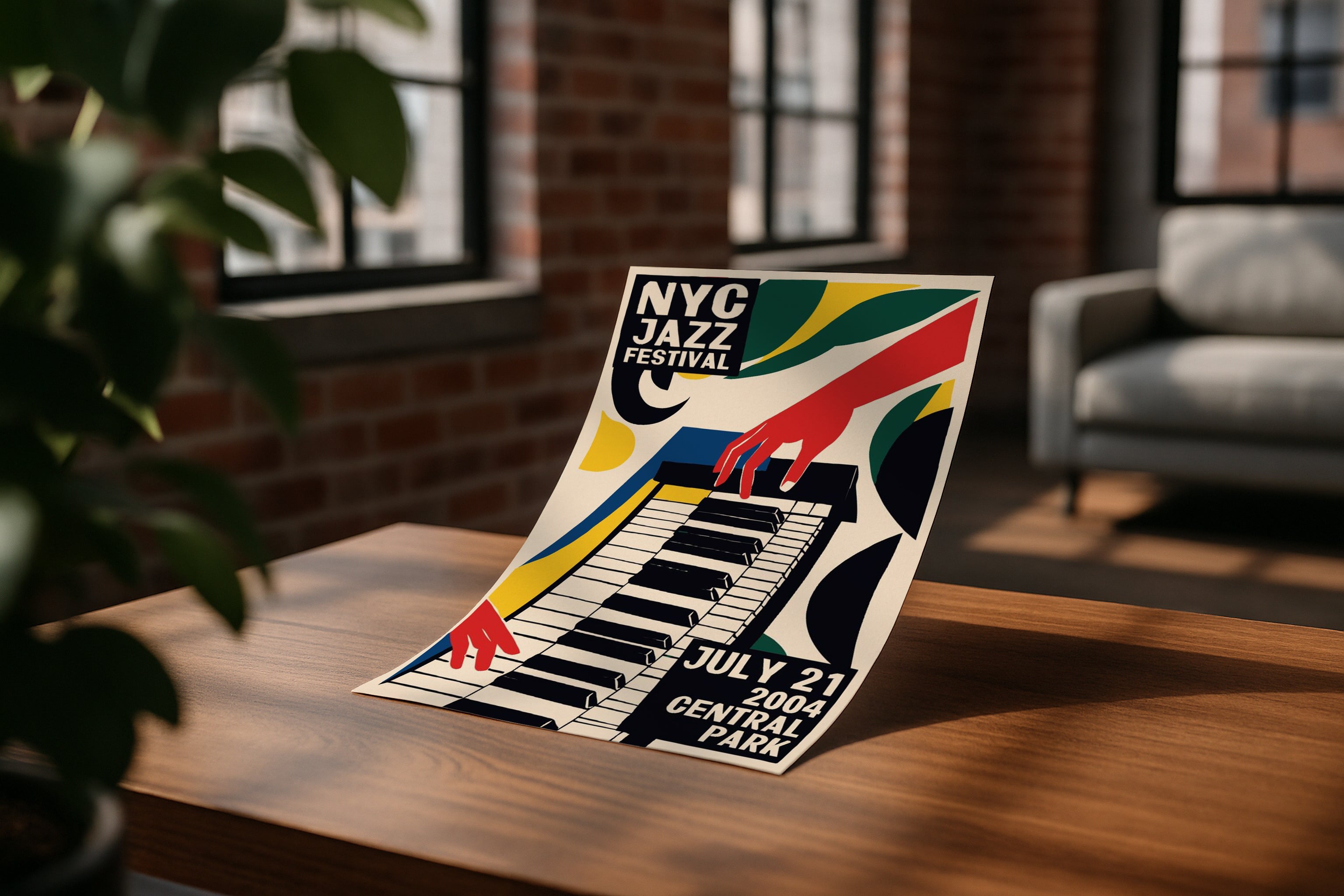 A3 A4 poster mockup on wooden table with sunlight in modern loft interior, PSD smart object for artwork, Etsy wall art, printable design showcase.