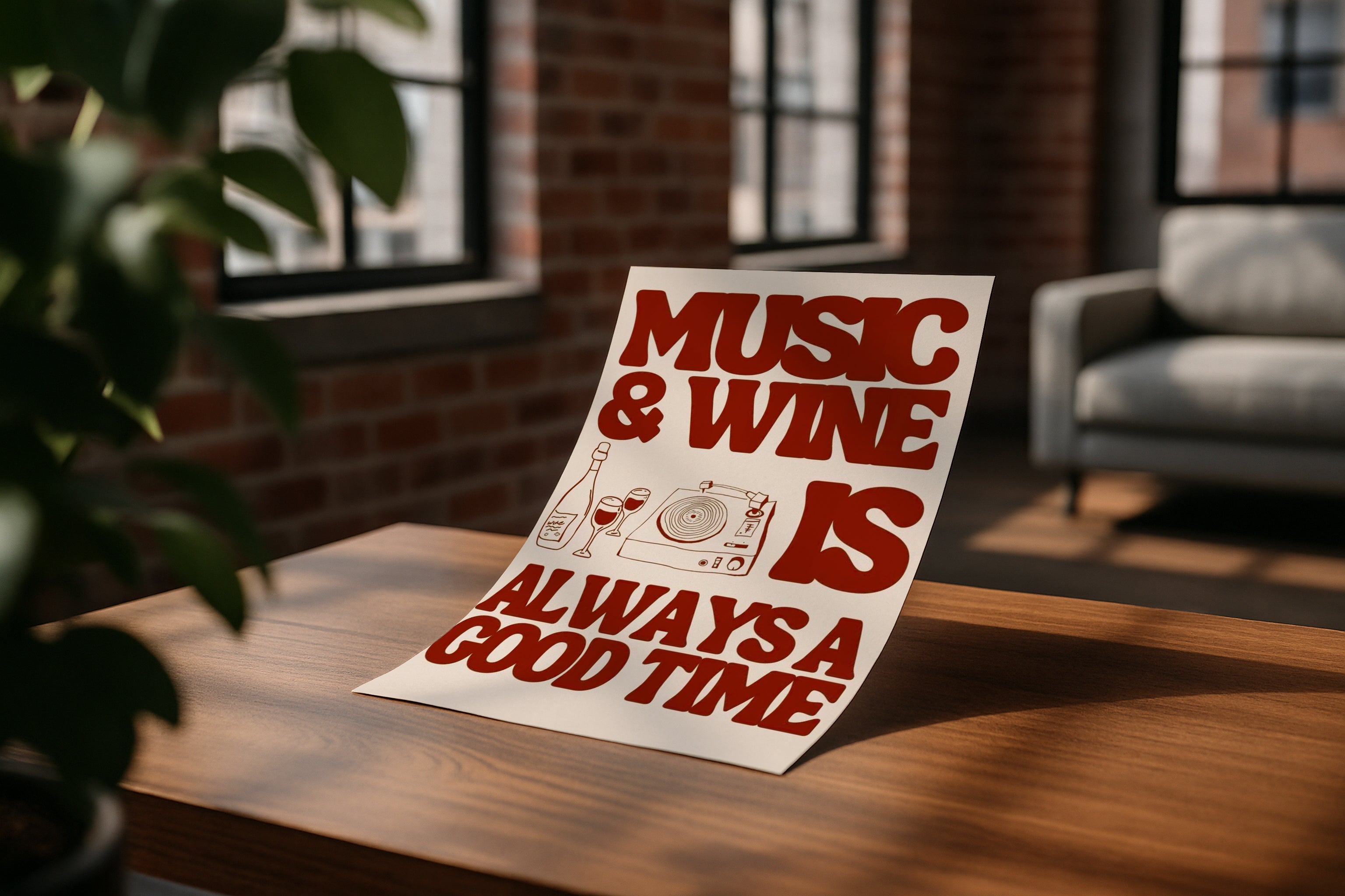 A3 A4 poster mockup on wooden table with sunlight in modern loft interior, PSD smart object for artwork, Etsy wall art, printable design showcase.